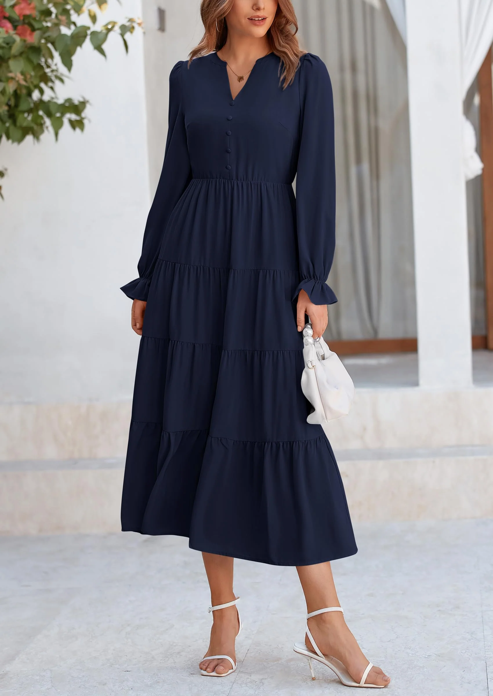 PRETTYGARDEN Women Fall Long Sleeve Smocked Maxi Dress Casual Square Neck Swiss Dot Tiered Ruffle Flowy Spring Pocket Dresses - Image 121
