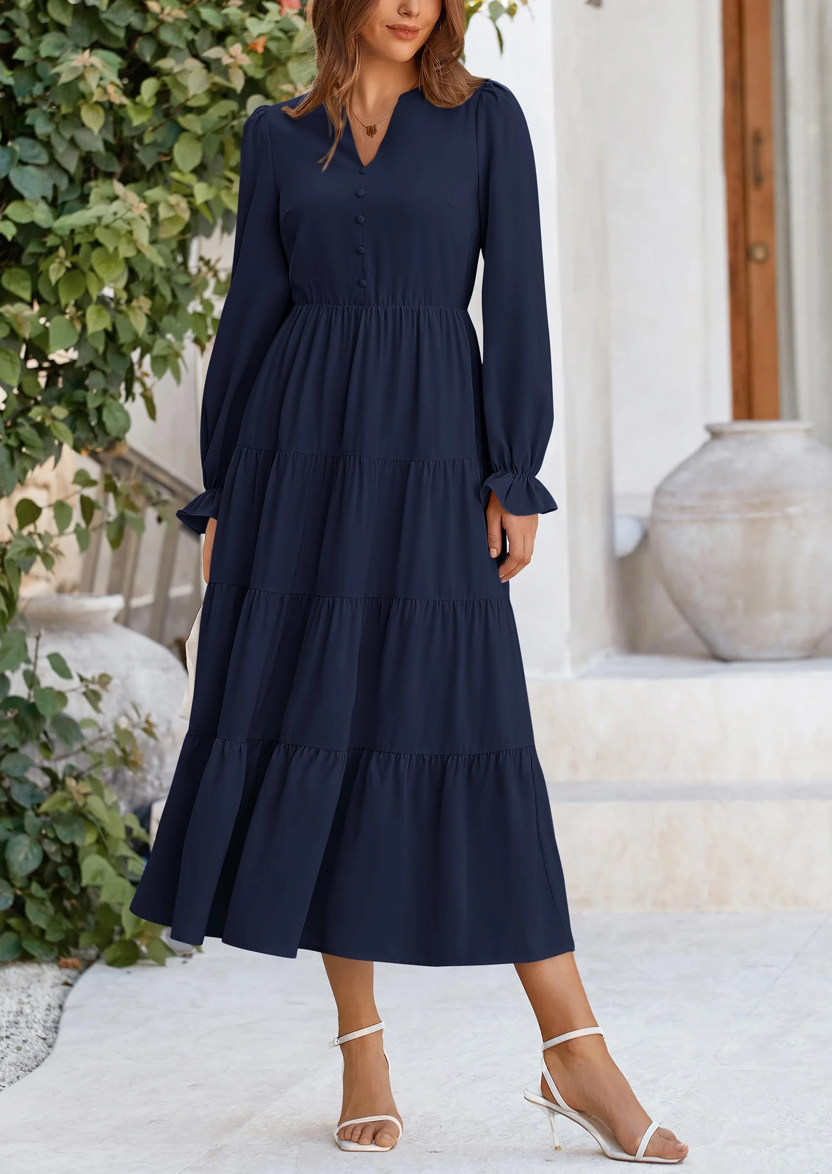 PRETTYGARDEN Women Fall Long Sleeve Smocked Maxi Dress Casual Square Neck Swiss Dot Tiered Ruffle Flowy Spring Pocket Dresses - Image 122