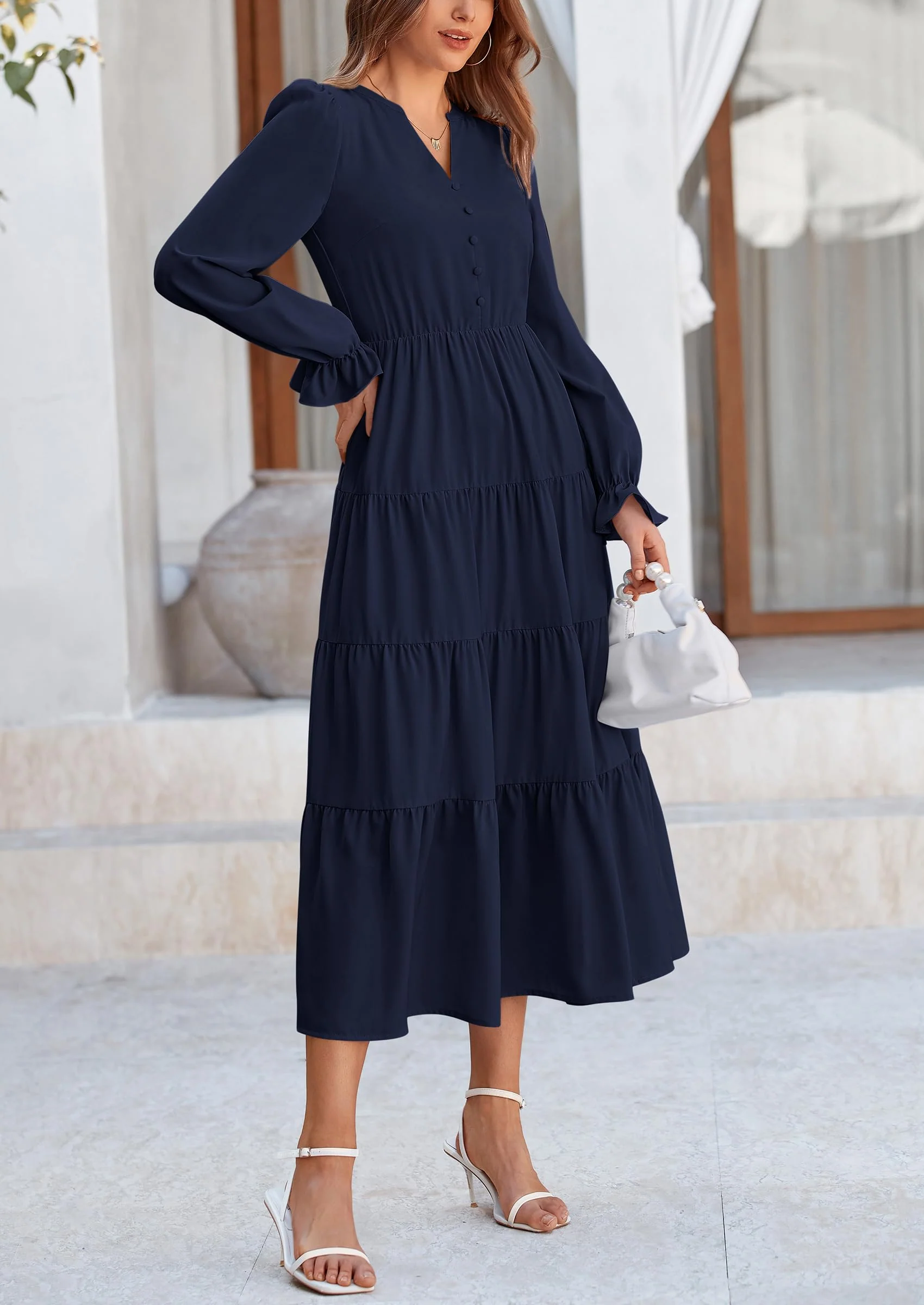 PRETTYGARDEN Women Fall Long Sleeve Smocked Maxi Dress Casual Square Neck Swiss Dot Tiered Ruffle Flowy Spring Pocket Dresses - Image 124