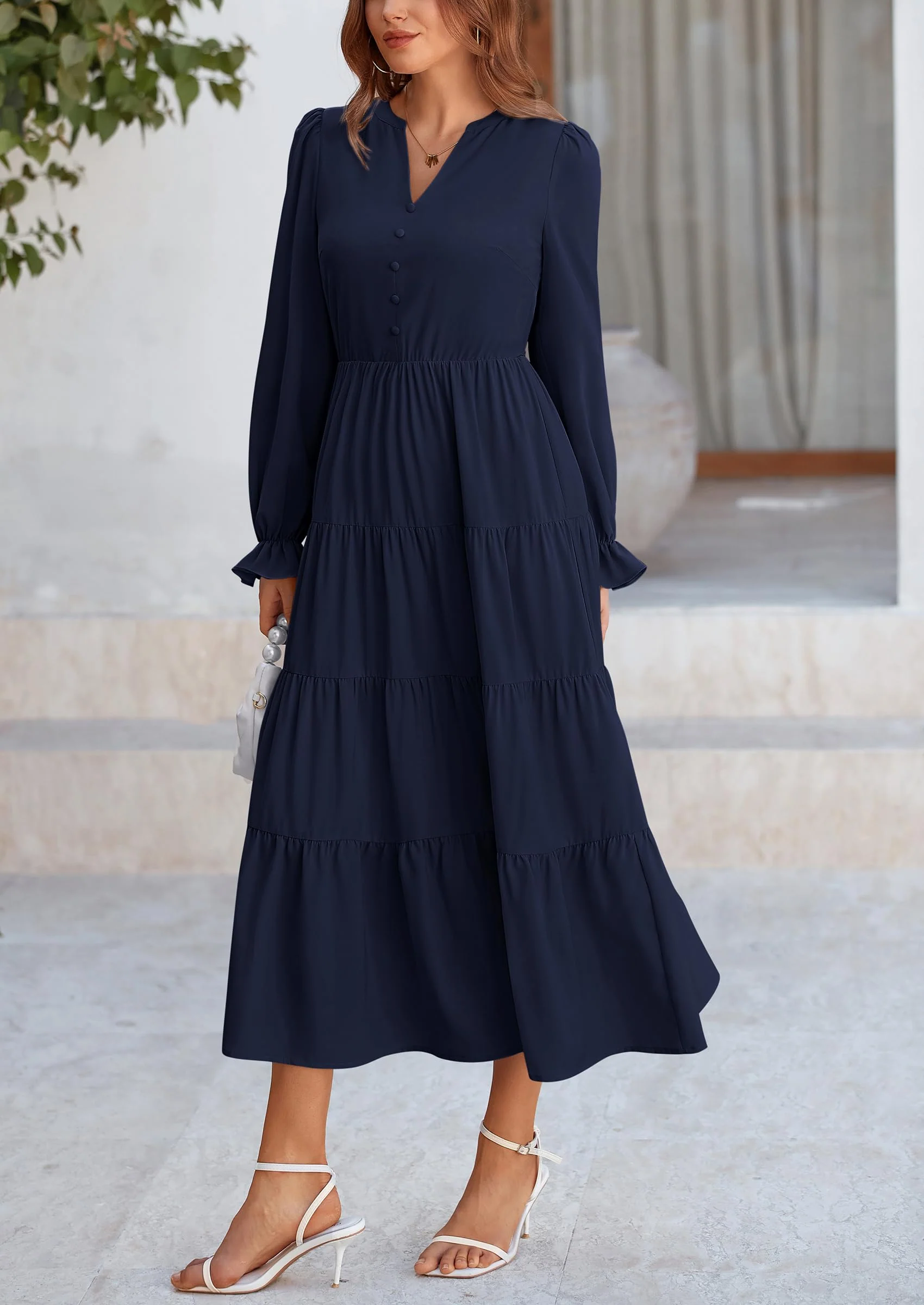 PRETTYGARDEN Women Fall Long Sleeve Smocked Maxi Dress Casual Square Neck Swiss Dot Tiered Ruffle Flowy Spring Pocket Dresses - Image 125