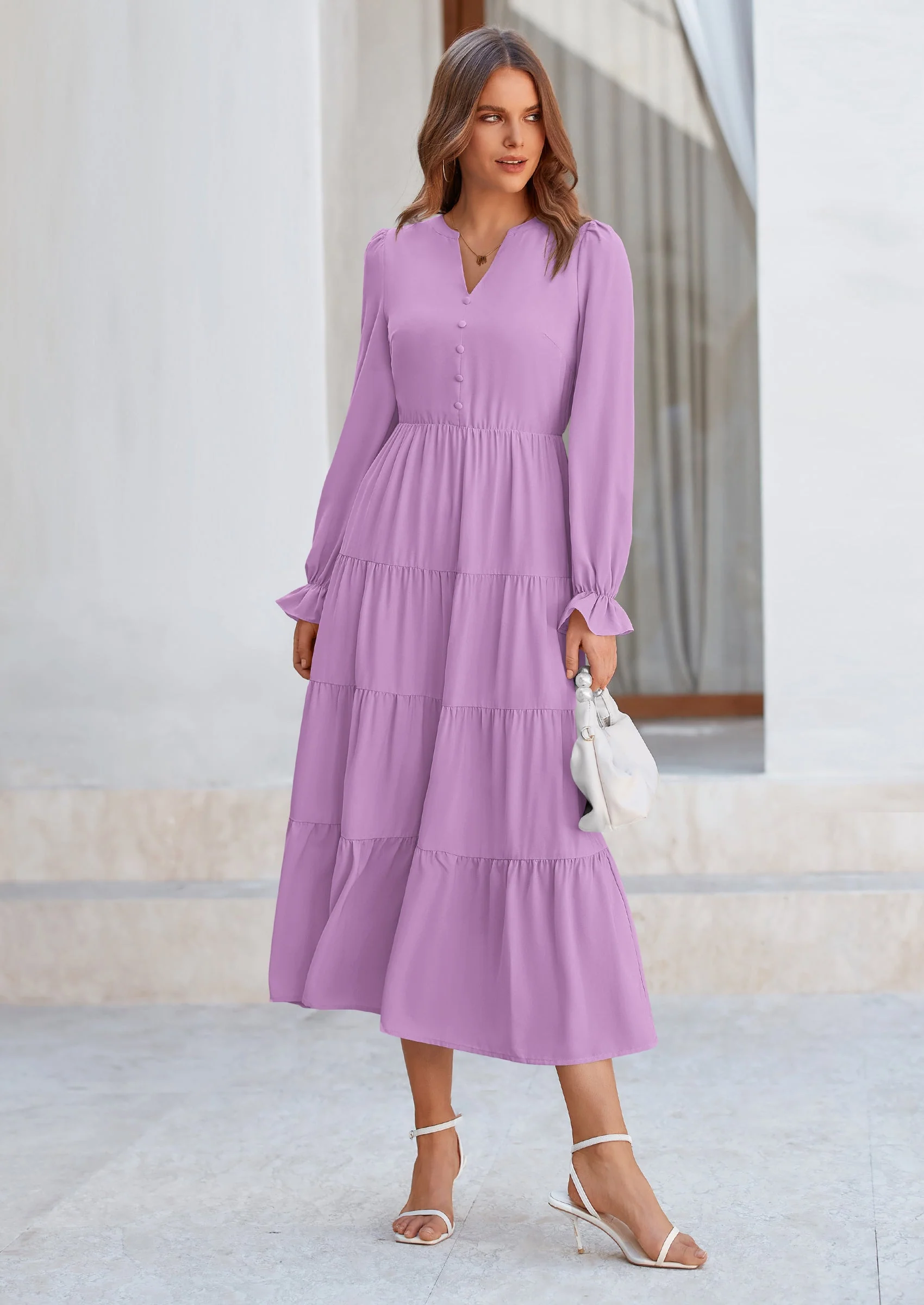 PRETTYGARDEN Women Fall Long Sleeve Smocked Maxi Dress Casual Square Neck Swiss Dot Tiered Ruffle Flowy Spring Pocket Dresses - Image 126