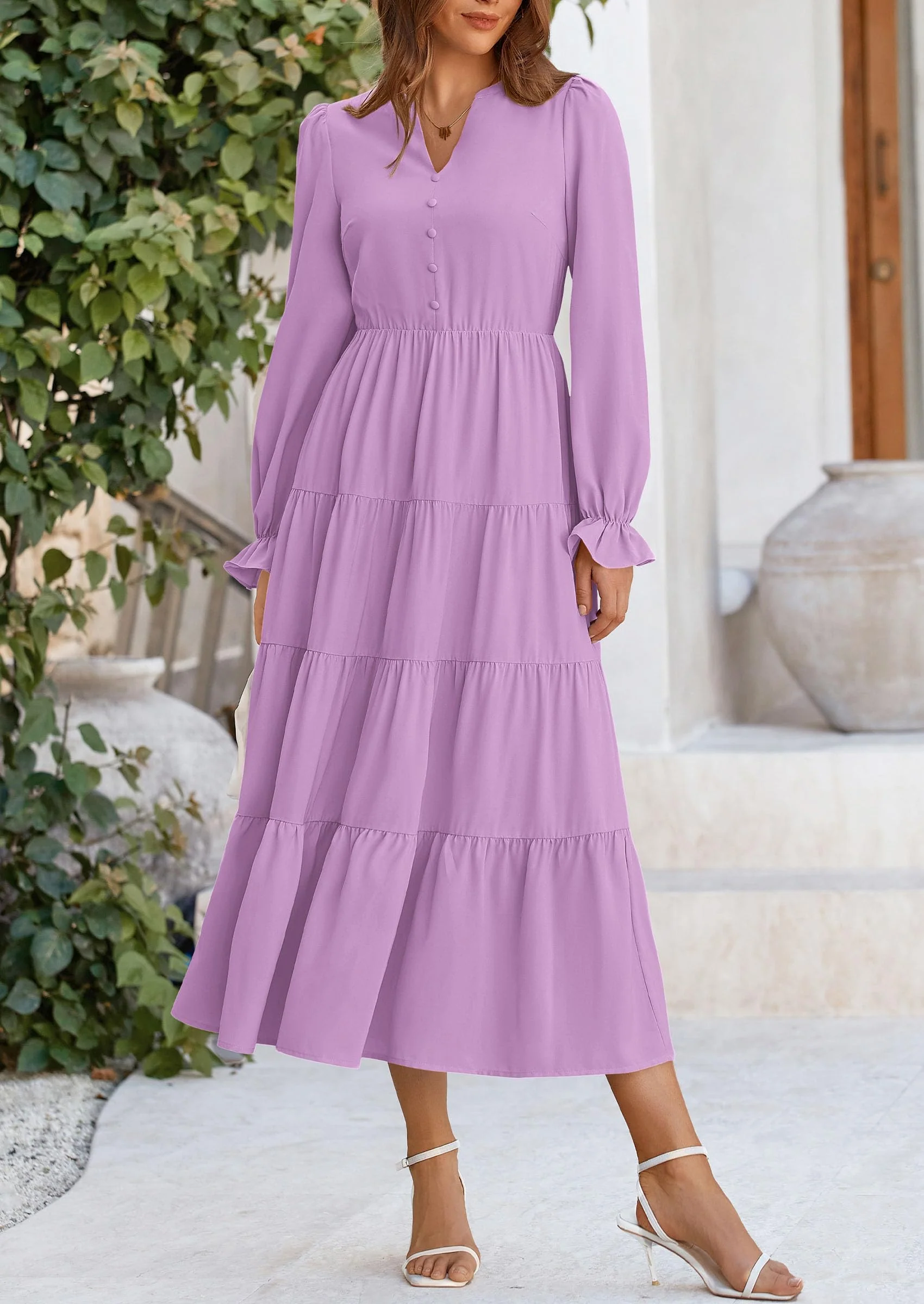 PRETTYGARDEN Women Fall Long Sleeve Smocked Maxi Dress Casual Square Neck Swiss Dot Tiered Ruffle Flowy Spring Pocket Dresses - Image 128