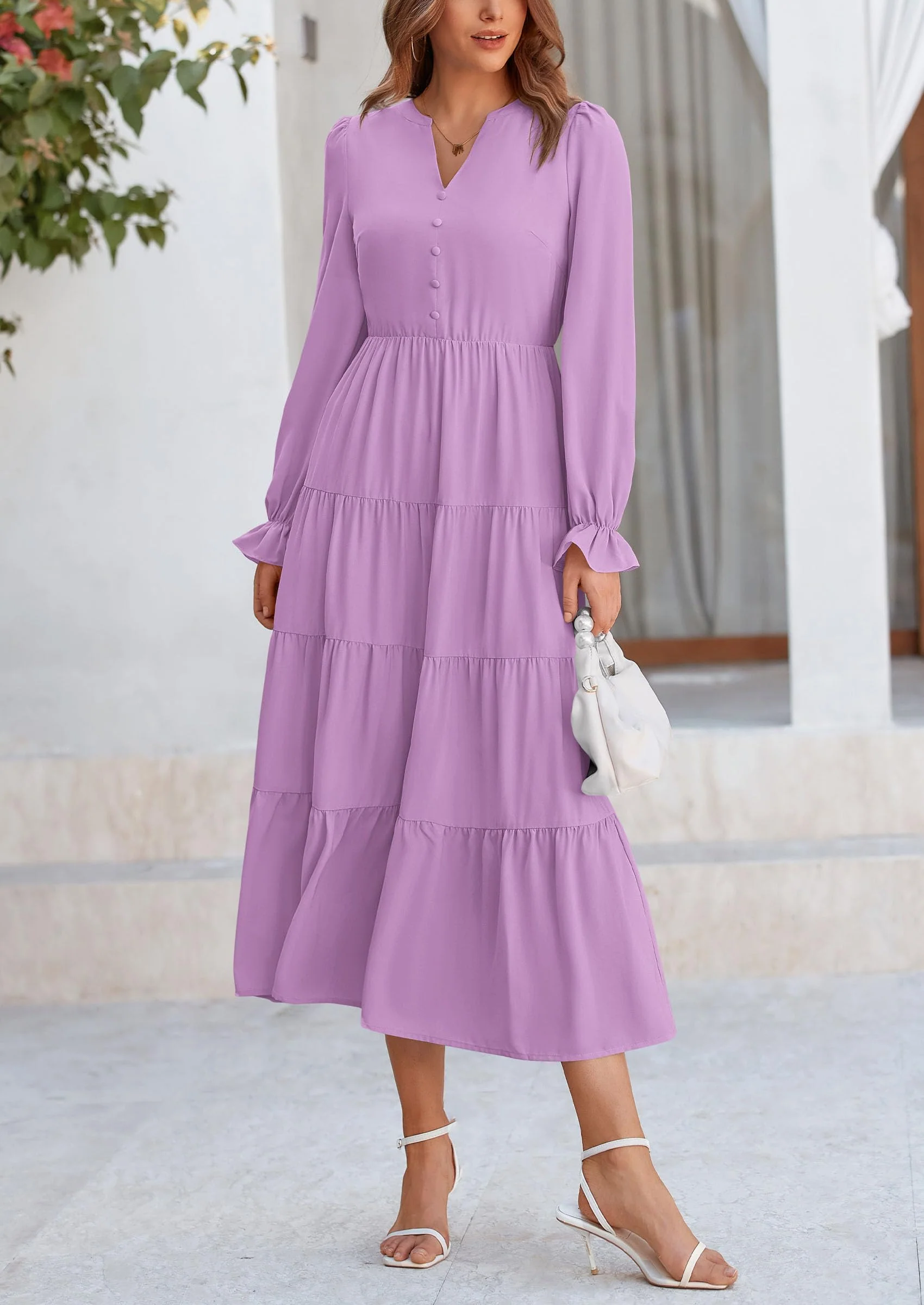 PRETTYGARDEN Women Fall Long Sleeve Smocked Maxi Dress Casual Square Neck Swiss Dot Tiered Ruffle Flowy Spring Pocket Dresses - Image 129