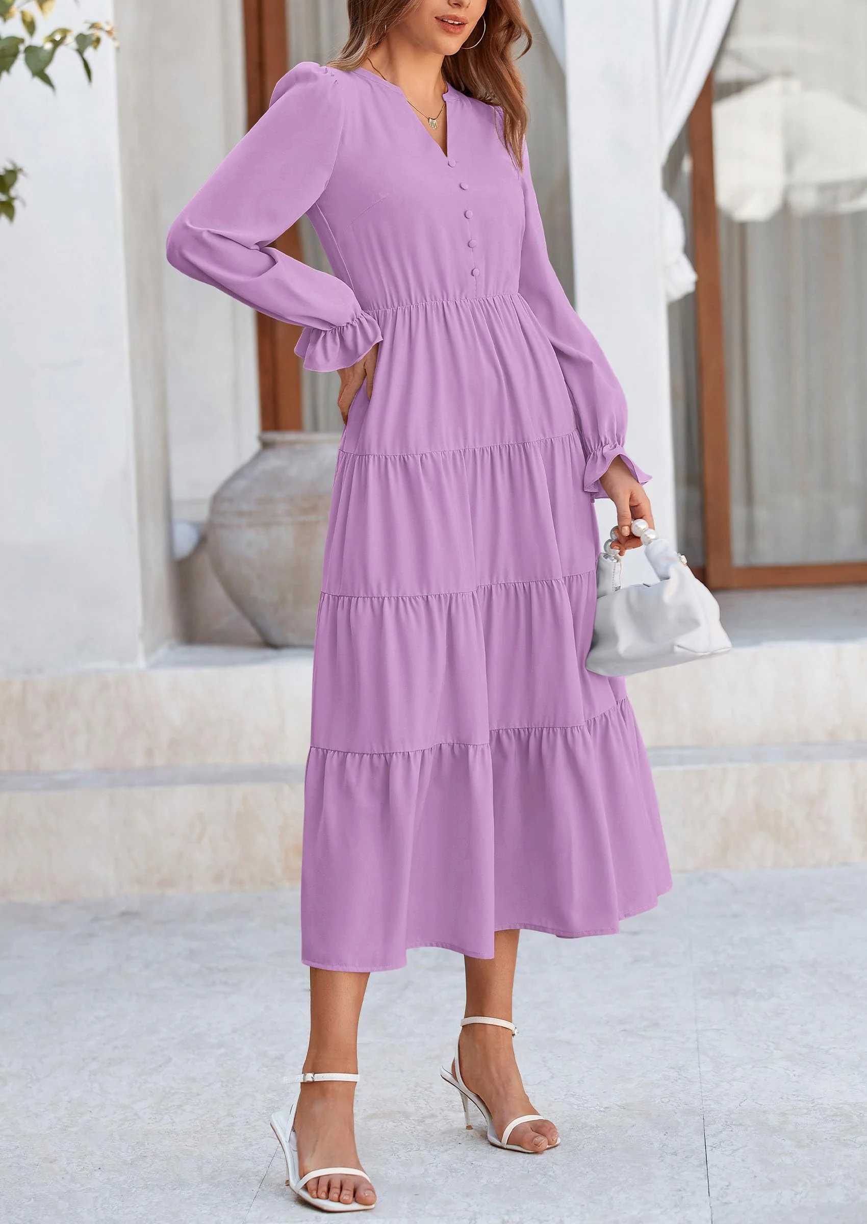 PRETTYGARDEN Women Fall Long Sleeve Smocked Maxi Dress Casual Square Neck Swiss Dot Tiered Ruffle Flowy Spring Pocket Dresses - Image 131