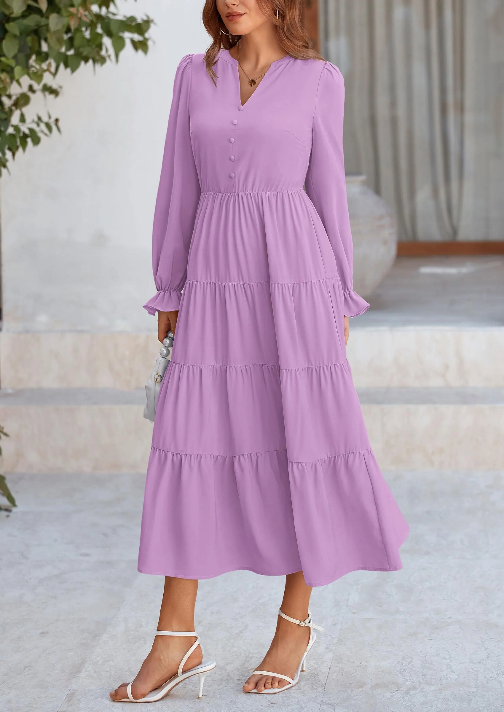 PRETTYGARDEN Women Fall Long Sleeve Smocked Maxi Dress Casual Square Neck Swiss Dot Tiered Ruffle Flowy Spring Pocket Dresses - Image 133