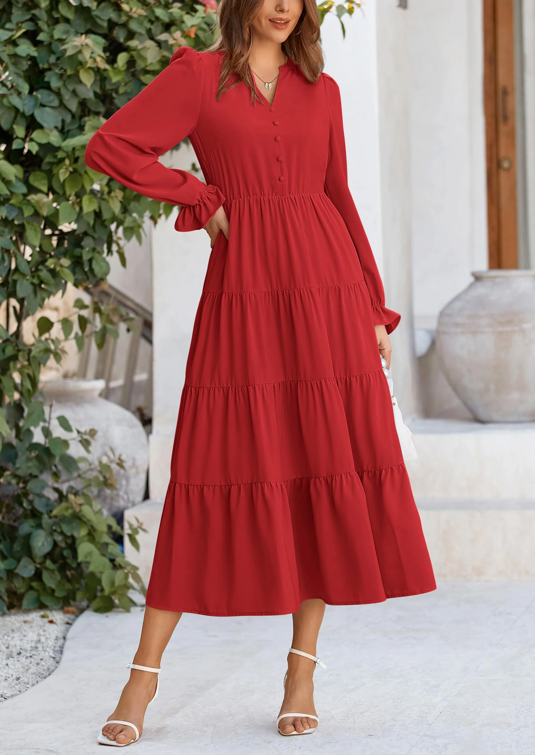 PRETTYGARDEN Women Fall Long Sleeve Smocked Maxi Dress Casual Square Neck Swiss Dot Tiered Ruffle Flowy Spring Pocket Dresses - Image 134