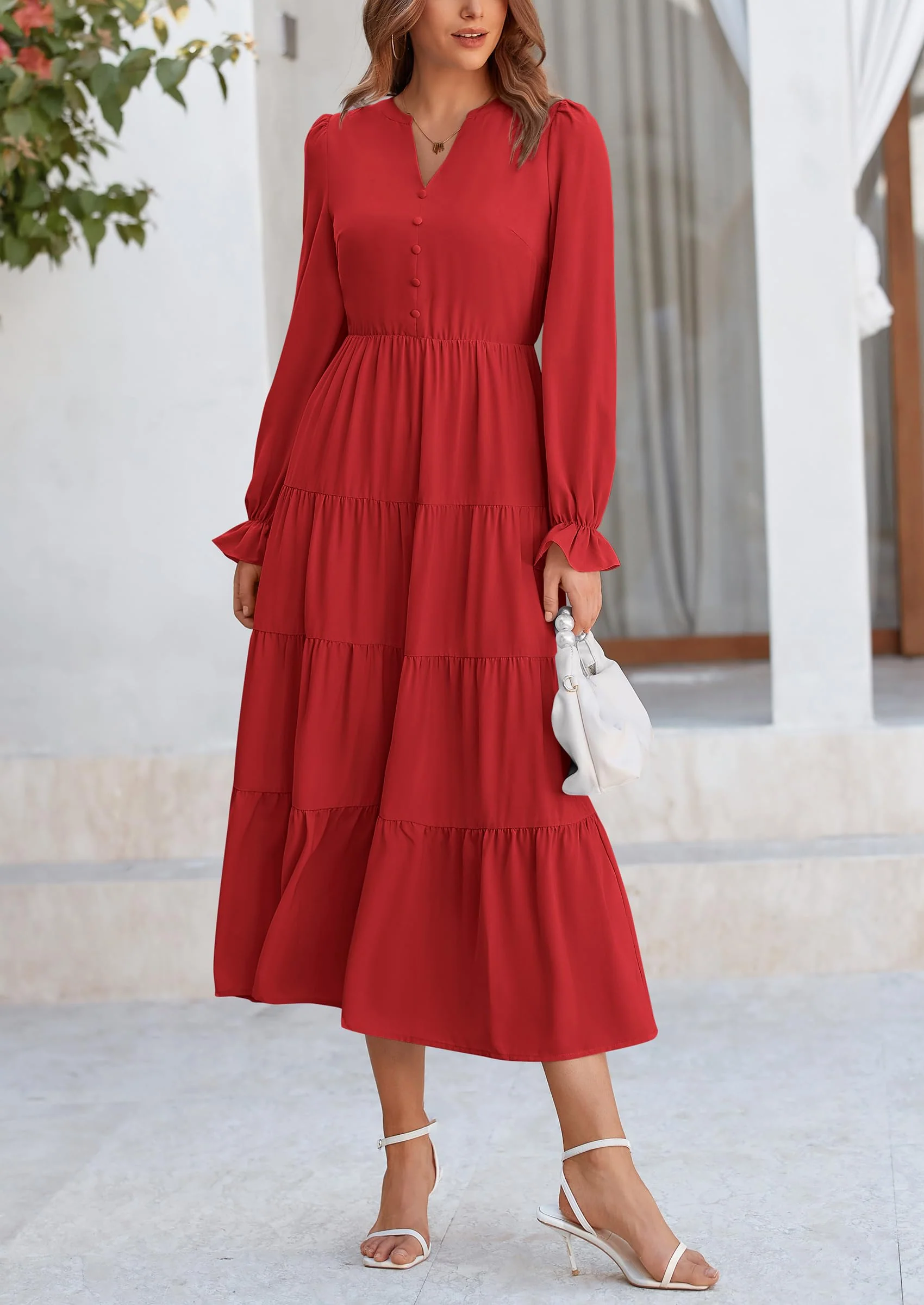 PRETTYGARDEN Women Fall Long Sleeve Smocked Maxi Dress Casual Square Neck Swiss Dot Tiered Ruffle Flowy Spring Pocket Dresses - Image 136