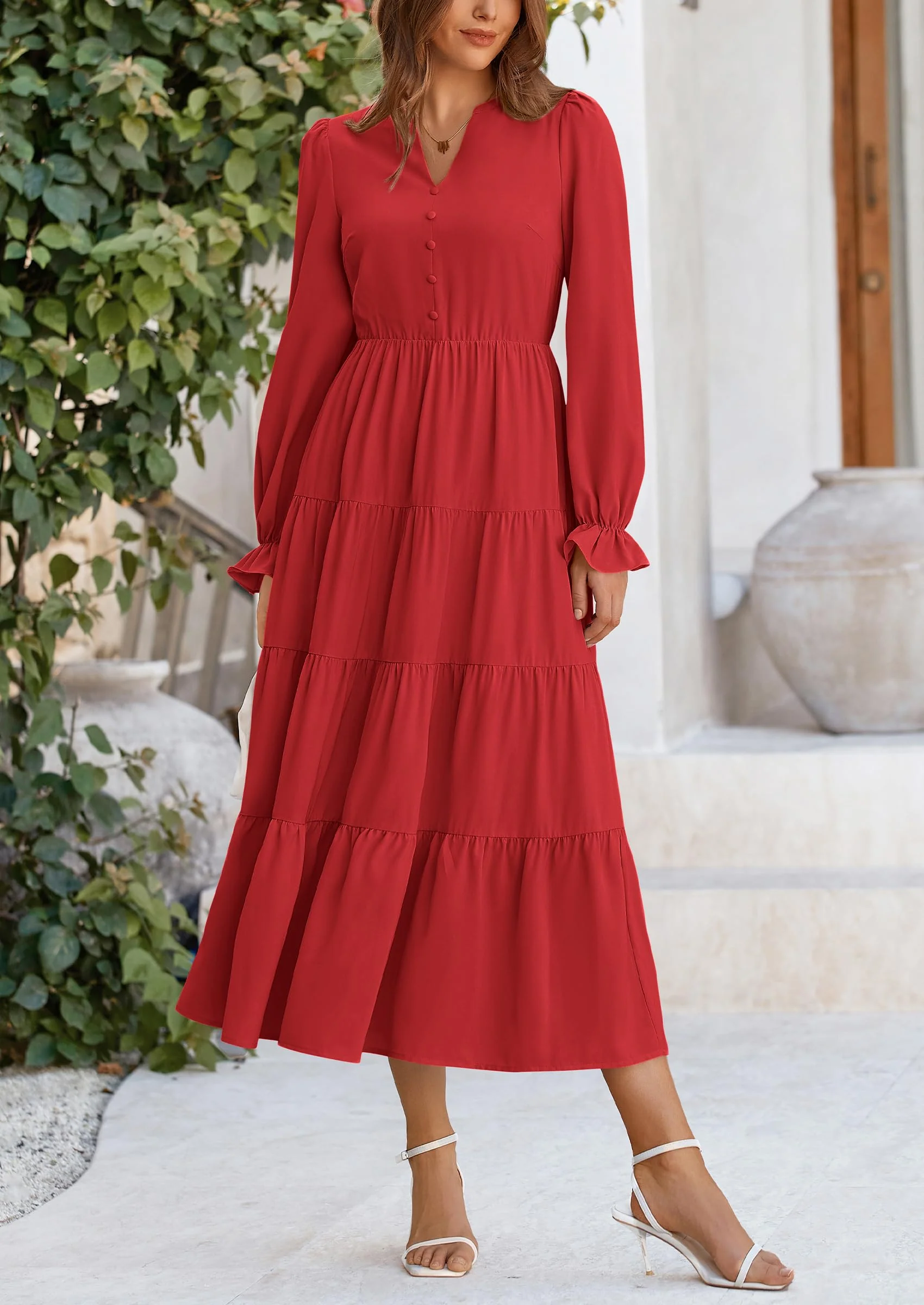 PRETTYGARDEN Women Fall Long Sleeve Smocked Maxi Dress Casual Square Neck Swiss Dot Tiered Ruffle Flowy Spring Pocket Dresses - Image 137