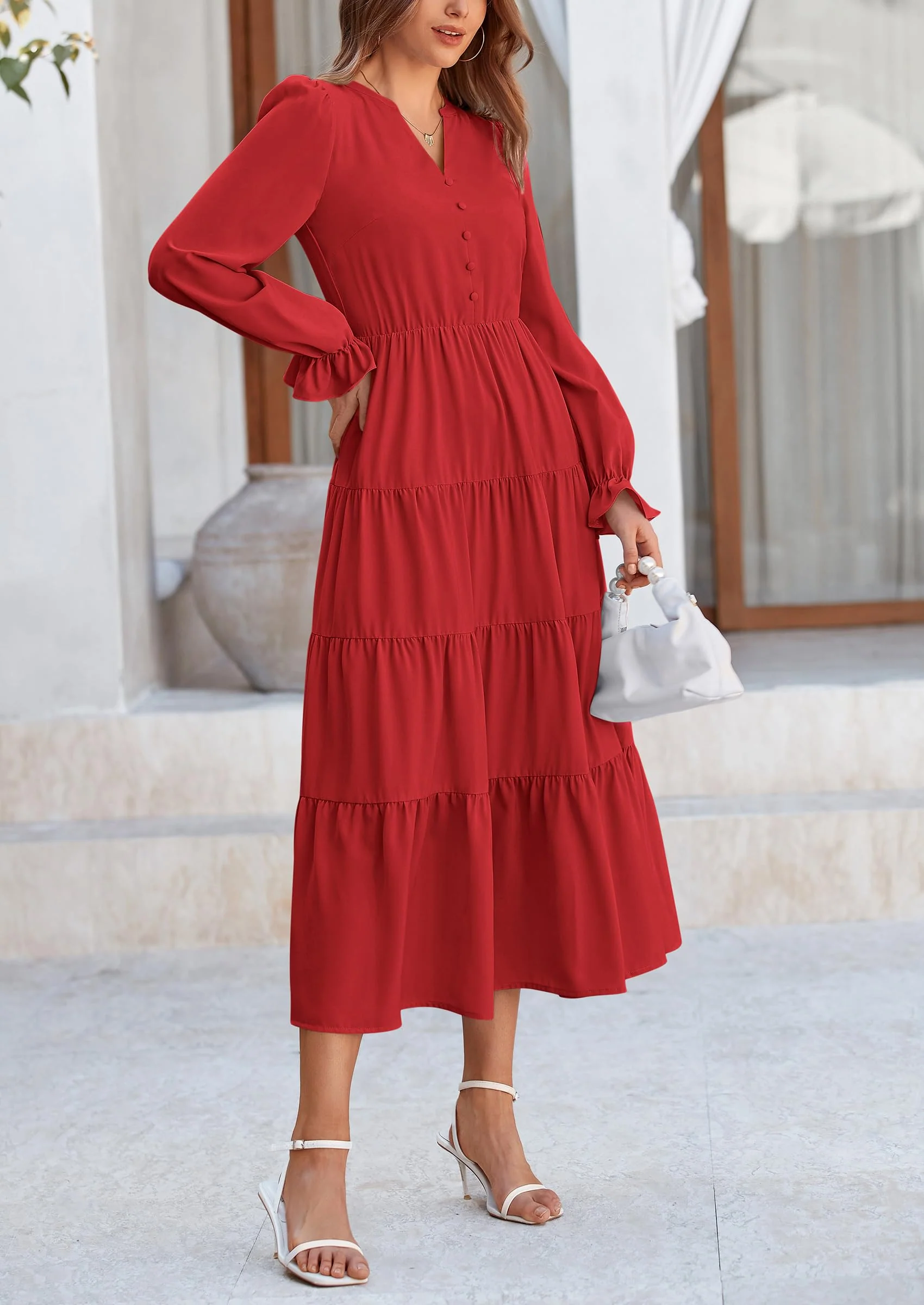 PRETTYGARDEN Women Fall Long Sleeve Smocked Maxi Dress Casual Square Neck Swiss Dot Tiered Ruffle Flowy Spring Pocket Dresses - Image 139