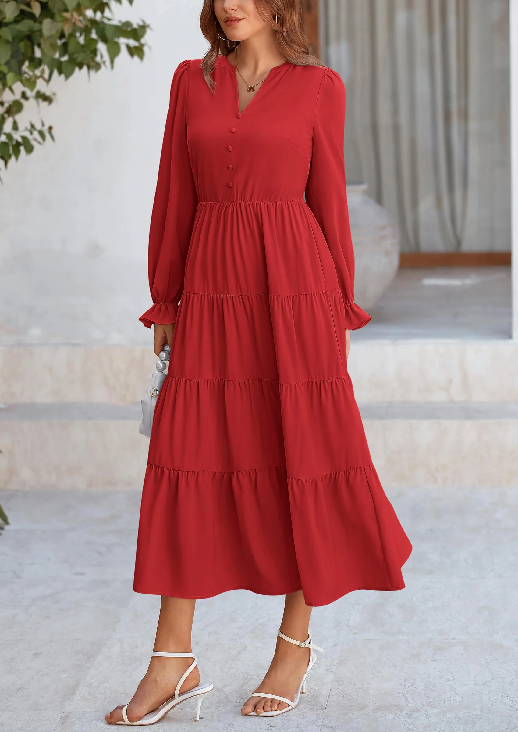 PRETTYGARDEN Women Fall Long Sleeve Smocked Maxi Dress Casual Square Neck Swiss Dot Tiered Ruffle Flowy Spring Pocket Dresses - Image 140