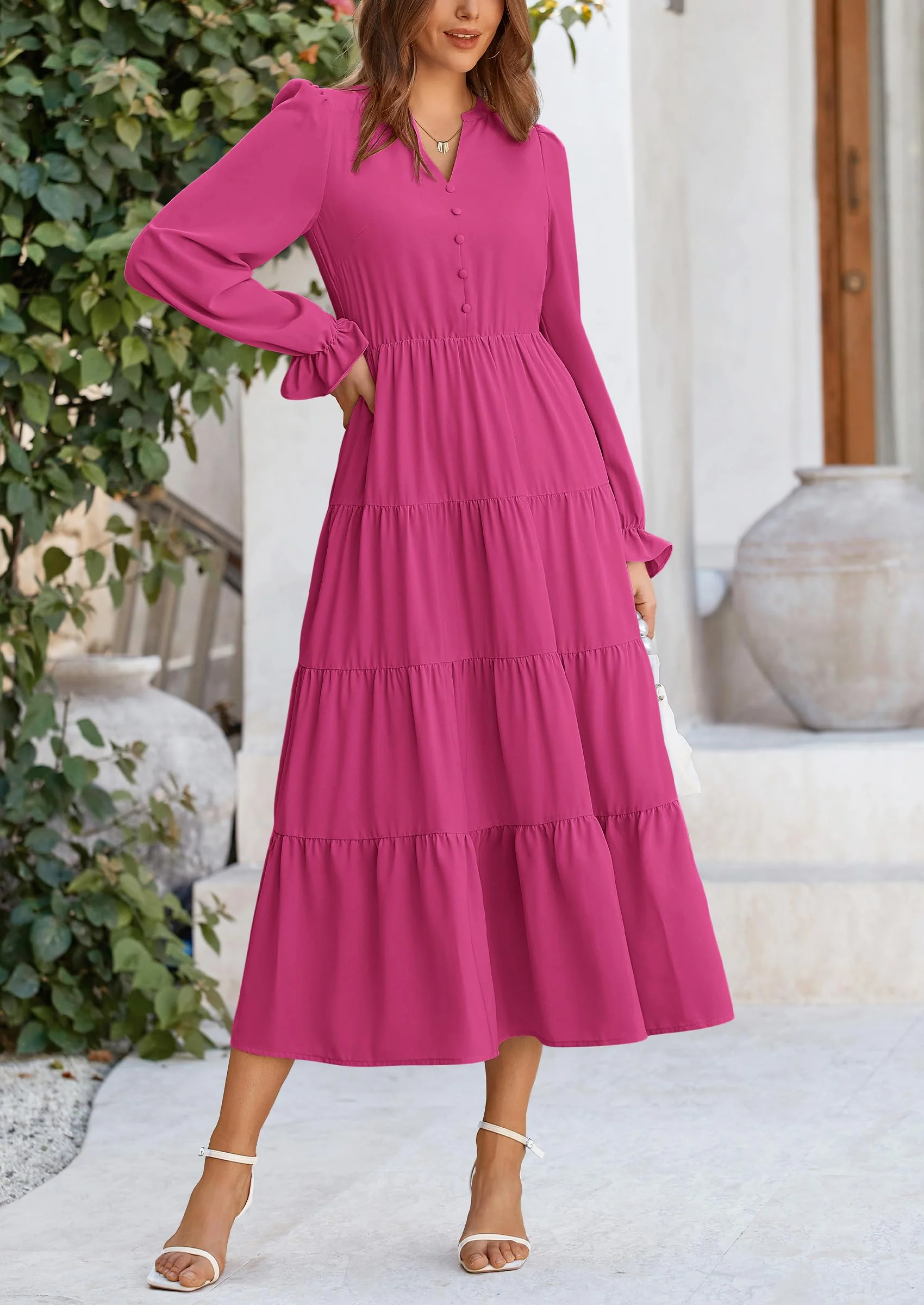 PRETTYGARDEN Women Fall Long Sleeve Smocked Maxi Dress Casual Square Neck Swiss Dot Tiered Ruffle Flowy Spring Pocket Dresses - Image 141
