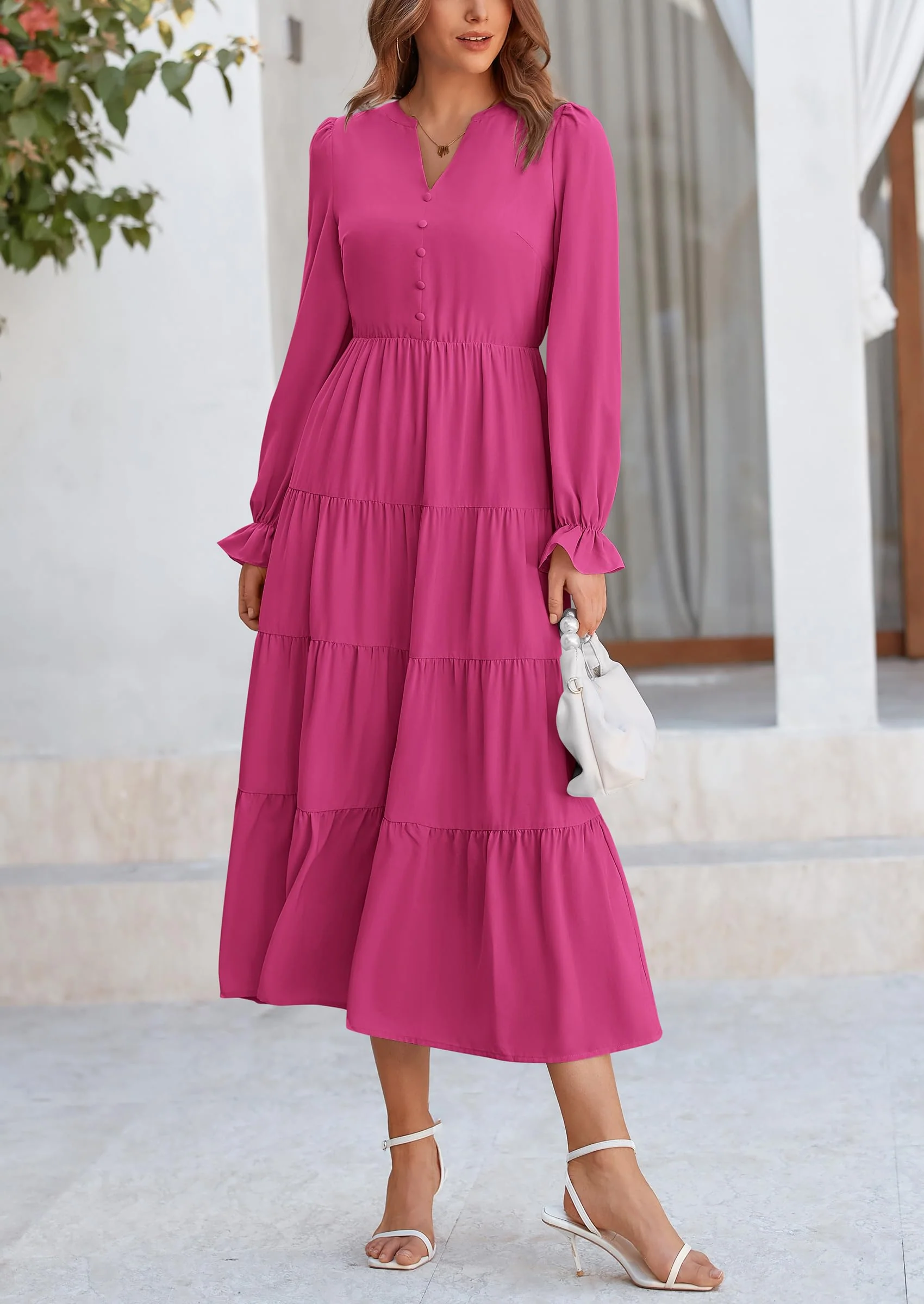 PRETTYGARDEN Women Fall Long Sleeve Smocked Maxi Dress Casual Square Neck Swiss Dot Tiered Ruffle Flowy Spring Pocket Dresses - Image 143