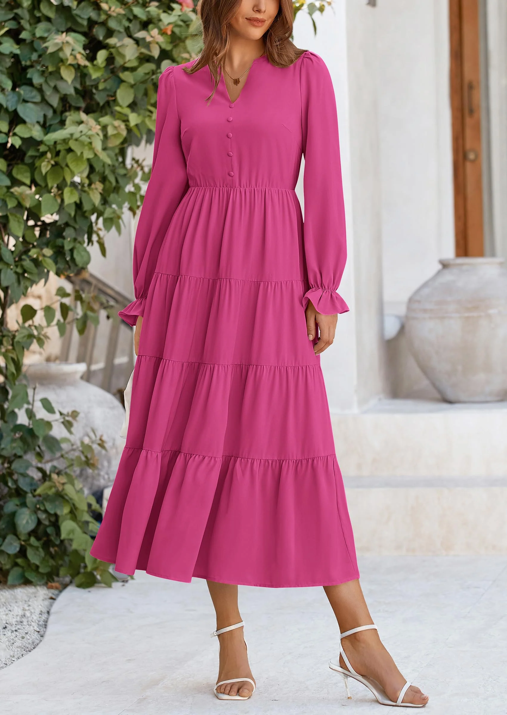 PRETTYGARDEN Women Fall Long Sleeve Smocked Maxi Dress Casual Square Neck Swiss Dot Tiered Ruffle Flowy Spring Pocket Dresses - Image 144
