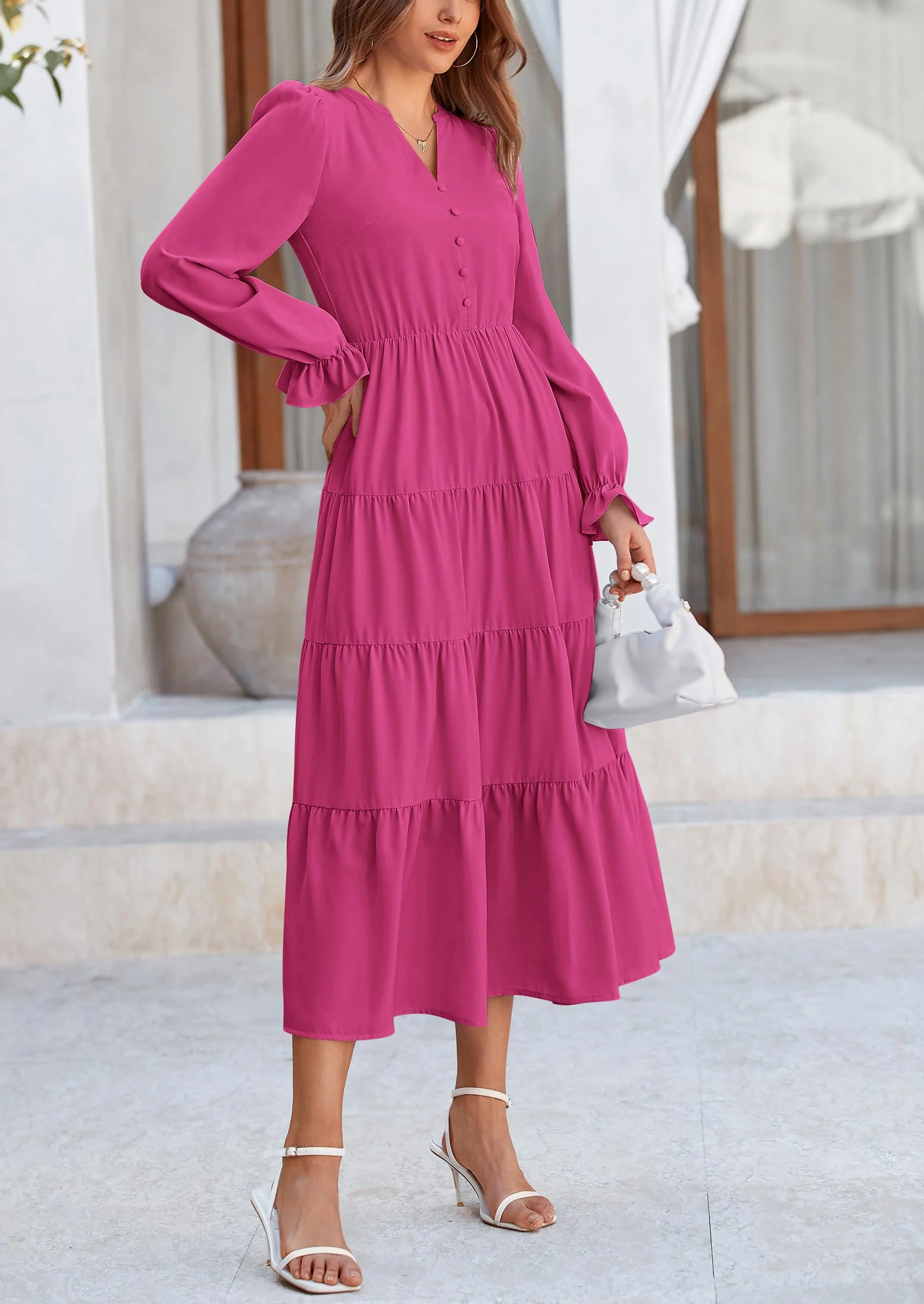 PRETTYGARDEN Women Fall Long Sleeve Smocked Maxi Dress Casual Square Neck Swiss Dot Tiered Ruffle Flowy Spring Pocket Dresses - Image 146
