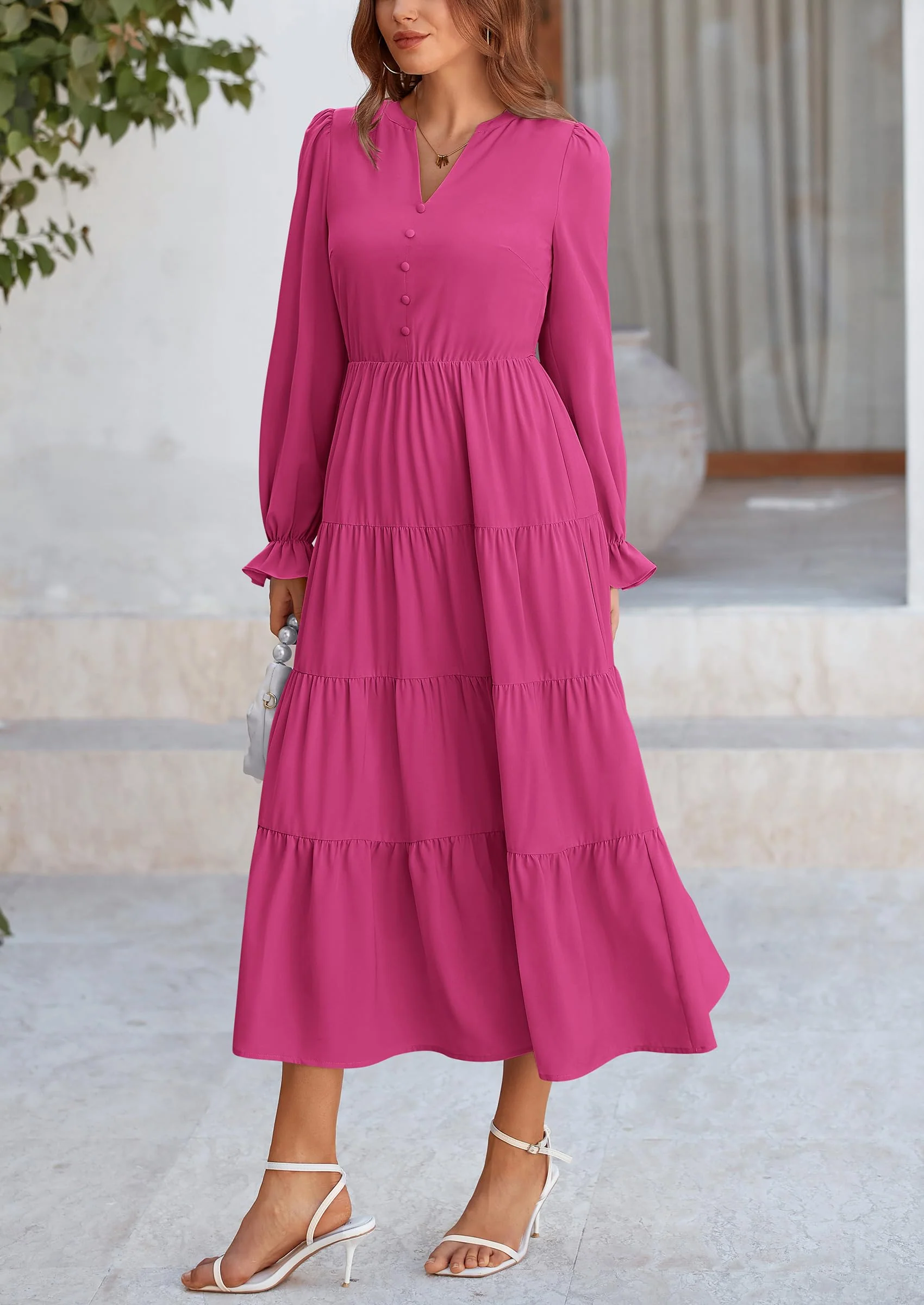 PRETTYGARDEN Women Fall Long Sleeve Smocked Maxi Dress Casual Square Neck Swiss Dot Tiered Ruffle Flowy Spring Pocket Dresses - Image 147