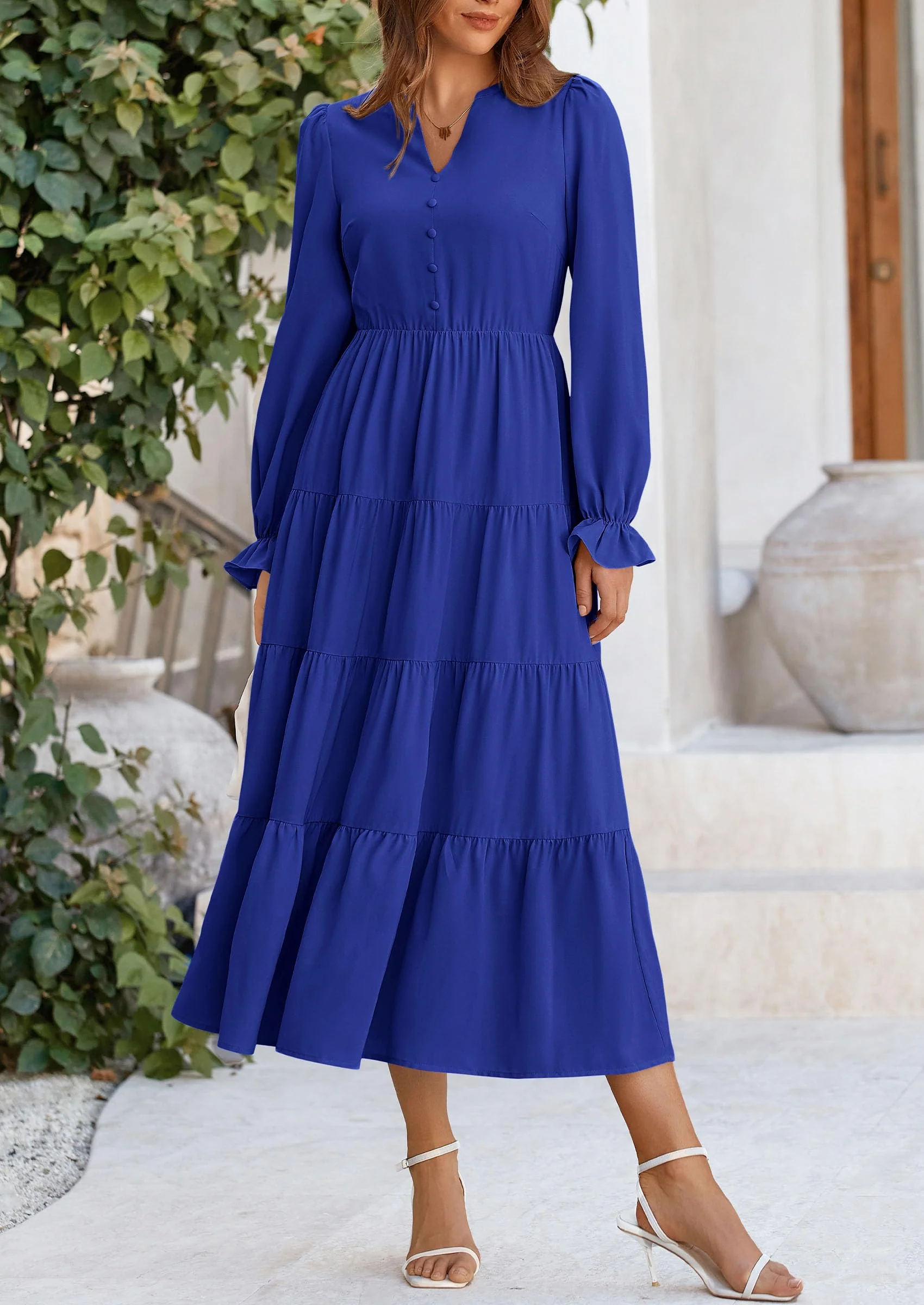 PRETTYGARDEN Women Fall Long Sleeve Smocked Maxi Dress Casual Square Neck Swiss Dot Tiered Ruffle Flowy Spring Pocket Dresses - Image 148