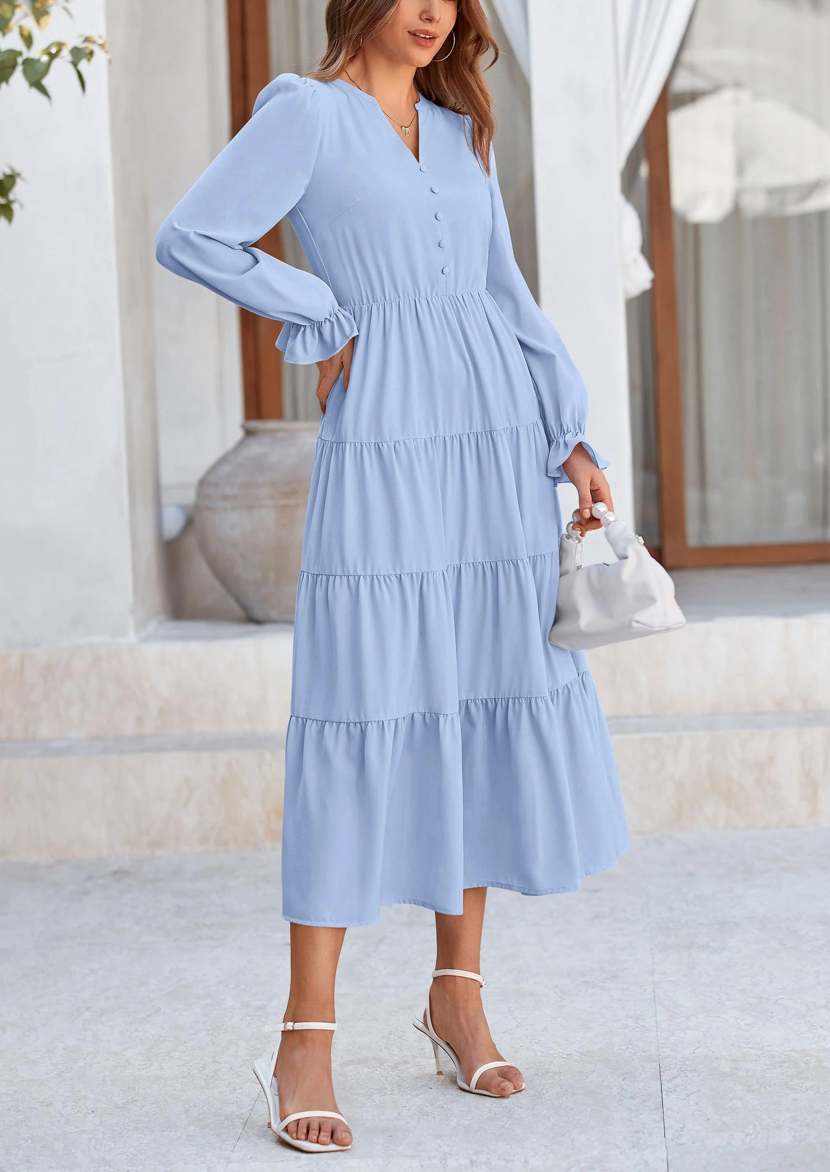 PRETTYGARDEN Women Fall Long Sleeve Smocked Maxi Dress Casual Square Neck Swiss Dot Tiered Ruffle Flowy Spring Pocket Dresses - Image 15