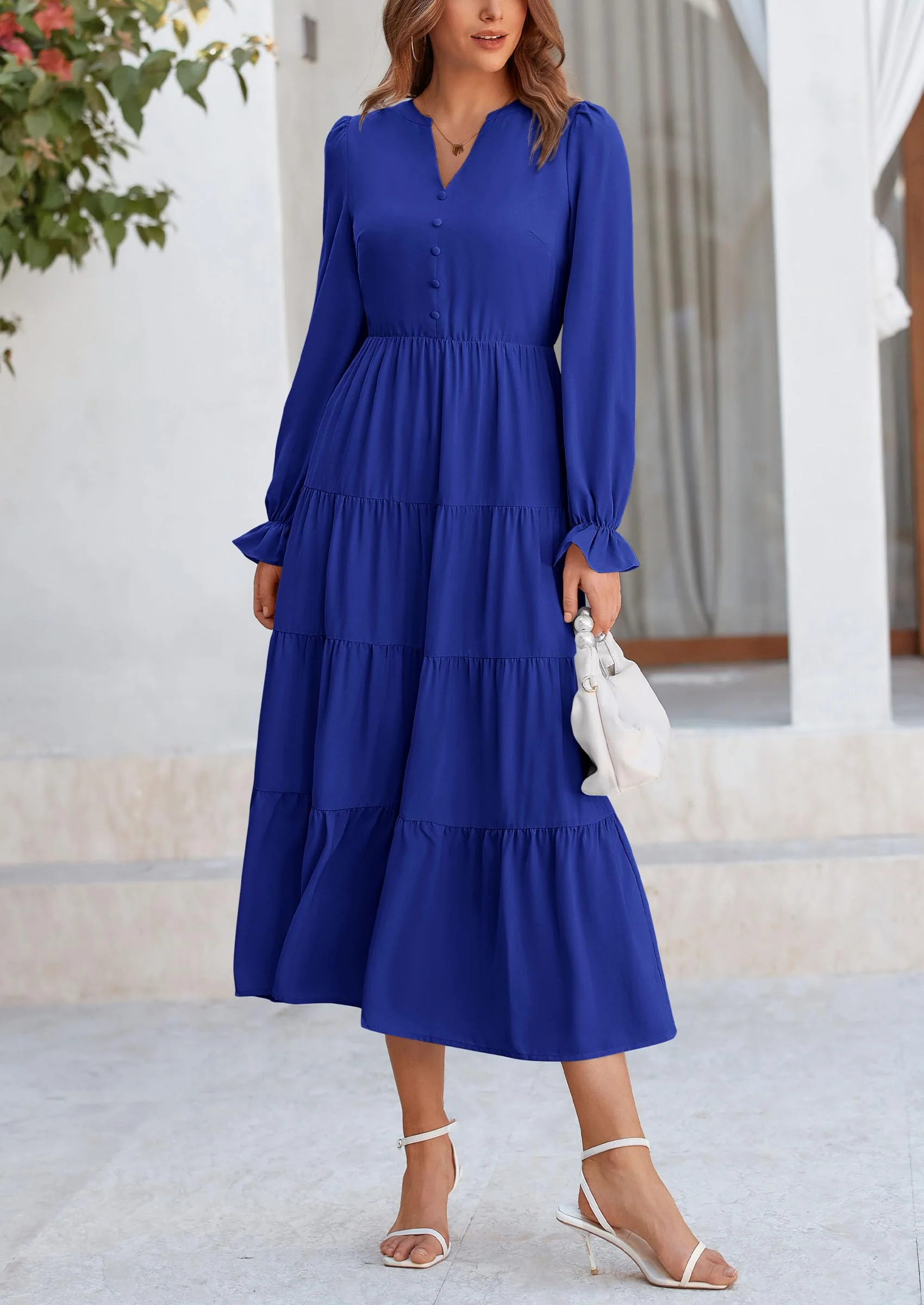 PRETTYGARDEN Women Fall Long Sleeve Smocked Maxi Dress Casual Square Neck Swiss Dot Tiered Ruffle Flowy Spring Pocket Dresses - Image 150
