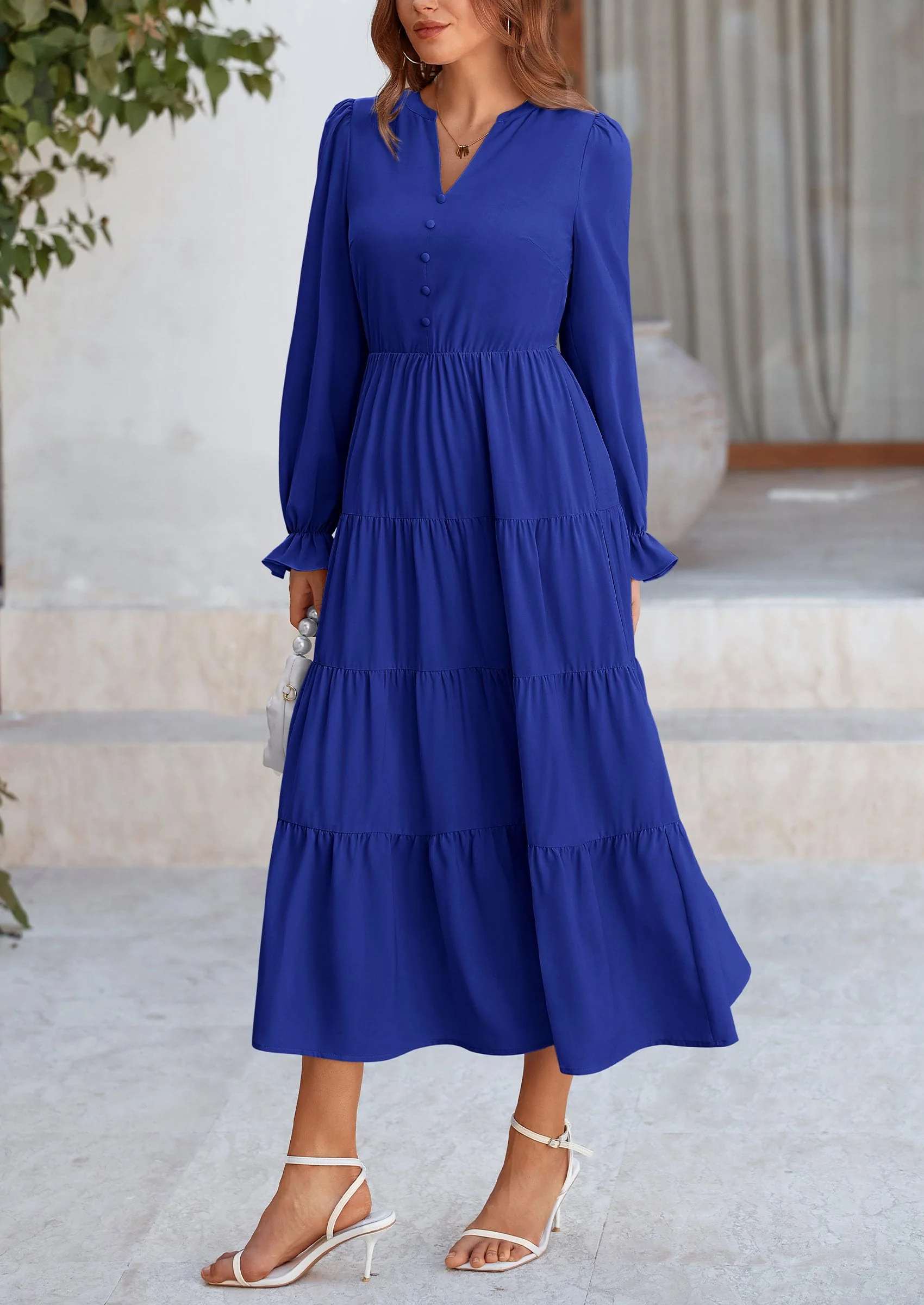 PRETTYGARDEN Women Fall Long Sleeve Smocked Maxi Dress Casual Square Neck Swiss Dot Tiered Ruffle Flowy Spring Pocket Dresses - Image 154