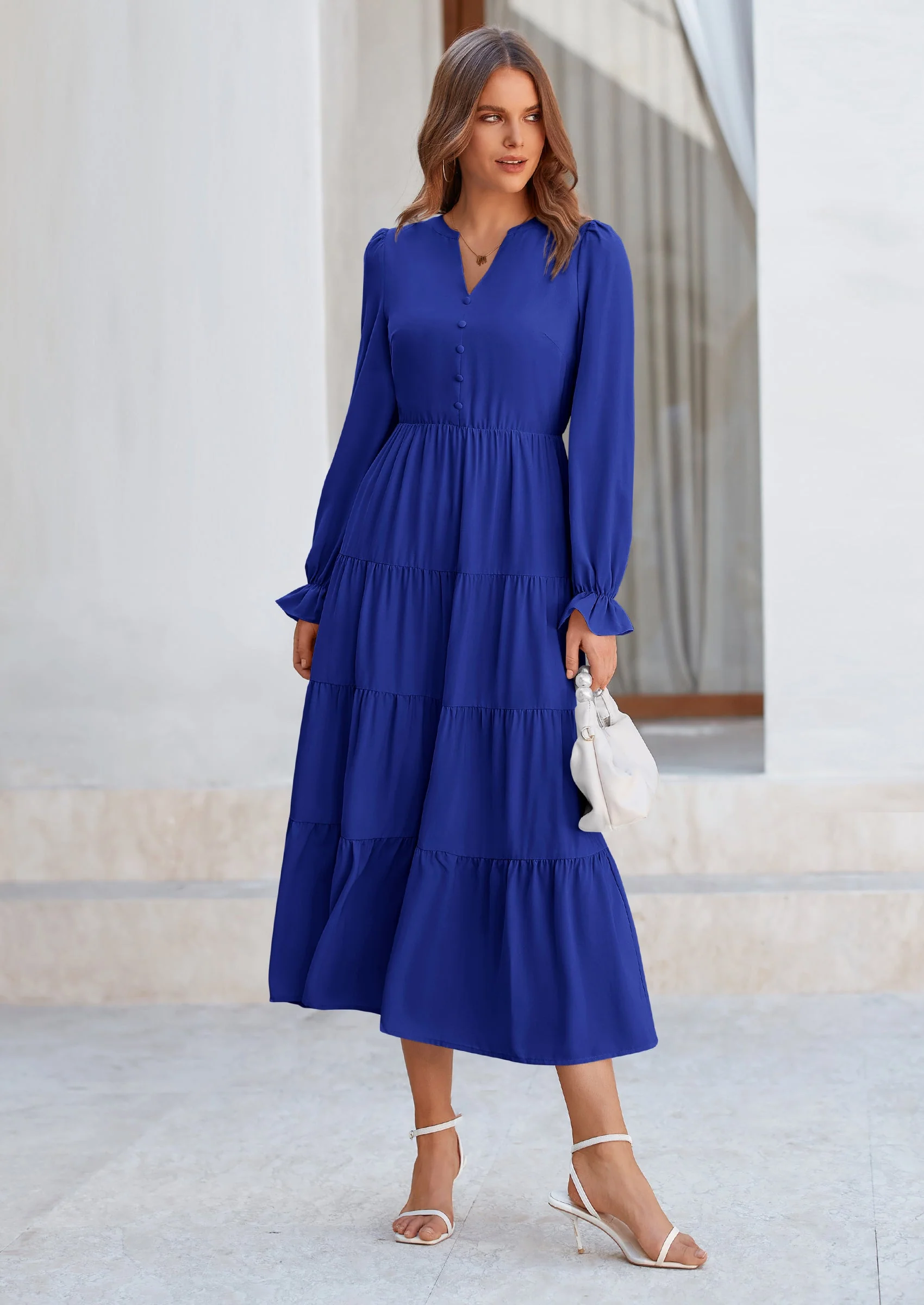 PRETTYGARDEN Women Fall Long Sleeve Smocked Maxi Dress Casual Square Neck Swiss Dot Tiered Ruffle Flowy Spring Pocket Dresses - Image 155