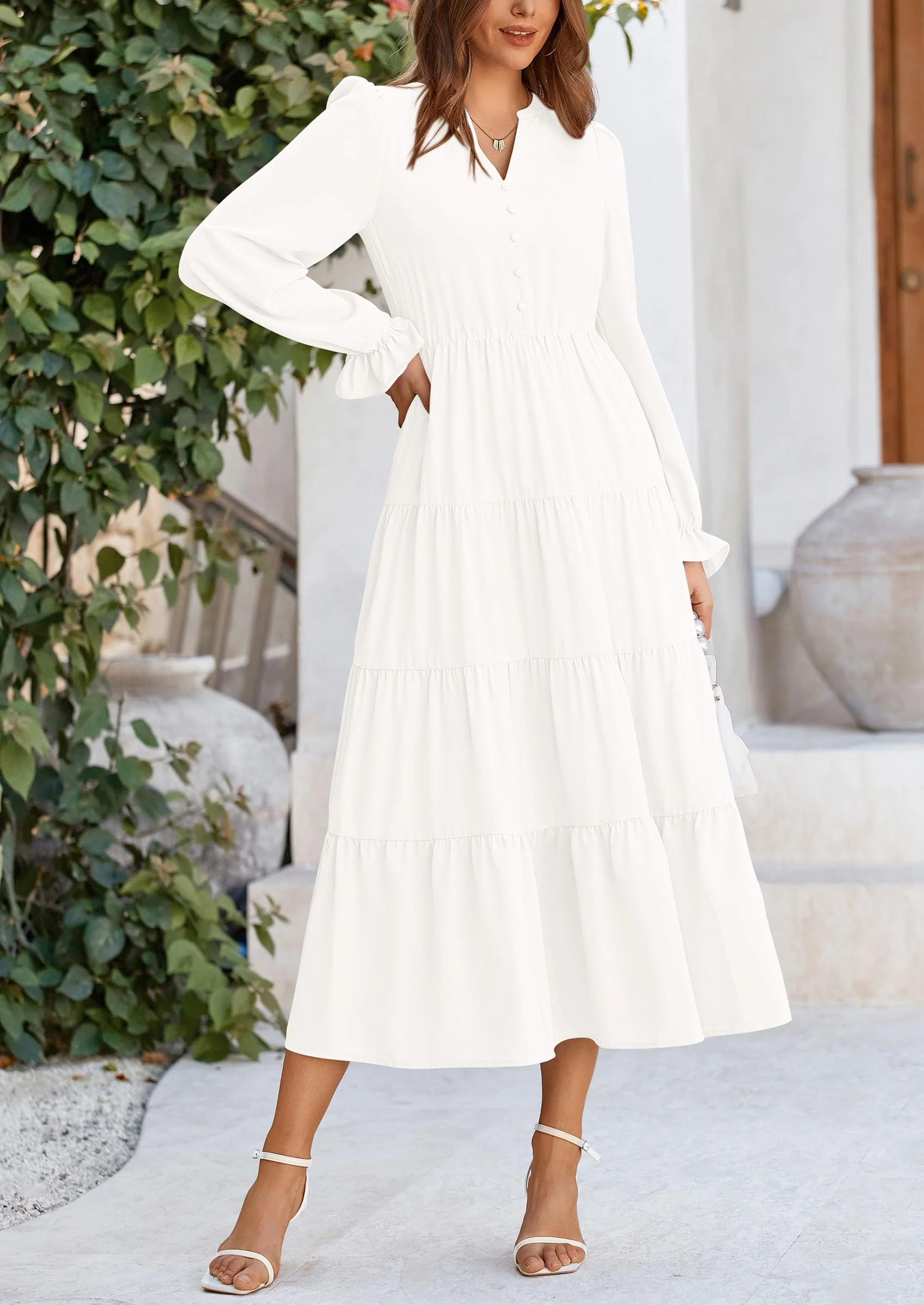 PRETTYGARDEN Women Fall Long Sleeve Smocked Maxi Dress Casual Square Neck Swiss Dot Tiered Ruffle Flowy Spring Pocket Dresses - Image 20