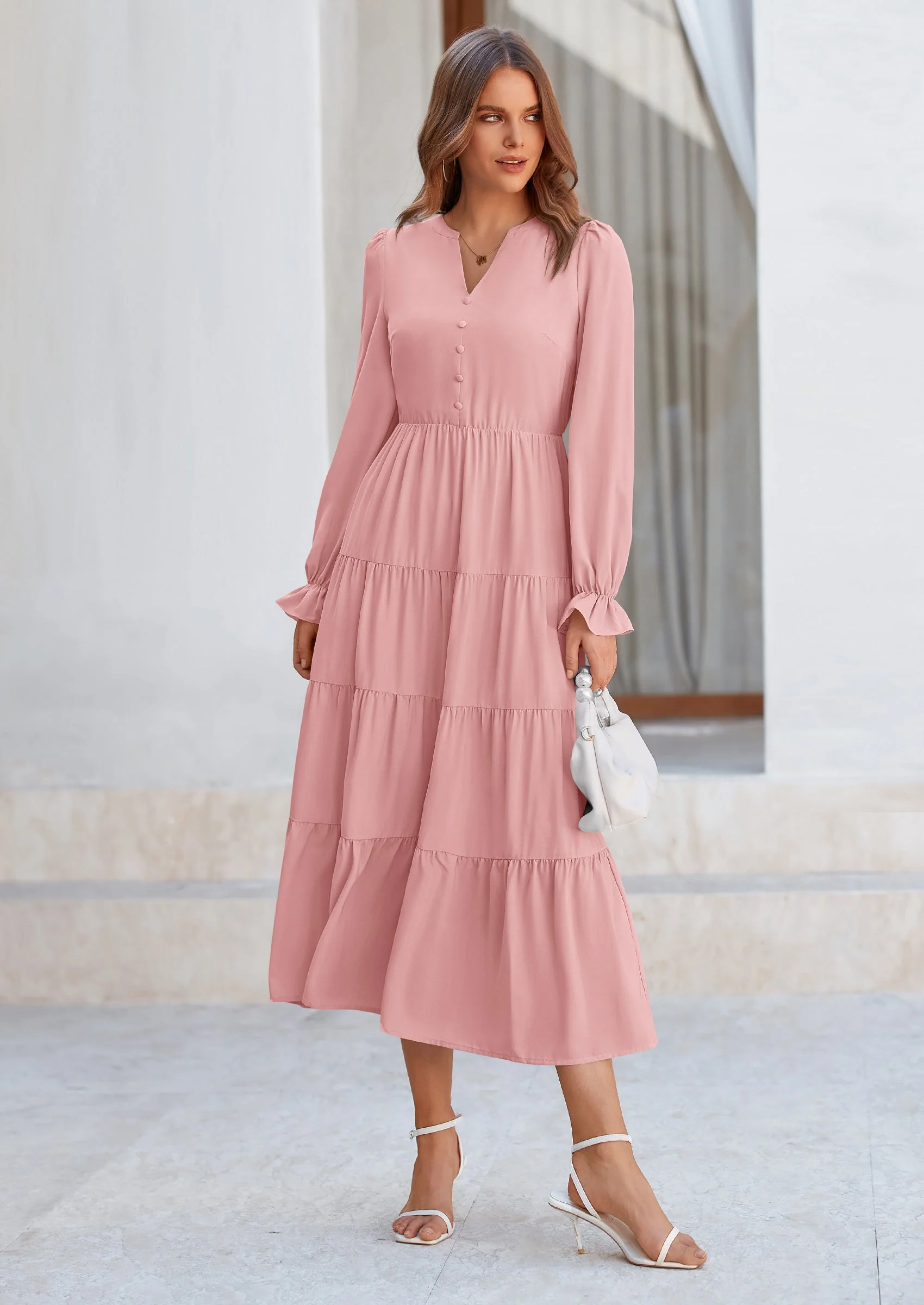 PRETTYGARDEN Women Fall Long Sleeve Smocked Maxi Dress Casual Square Neck Swiss Dot Tiered Ruffle Flowy Spring Pocket Dresses - Image 26