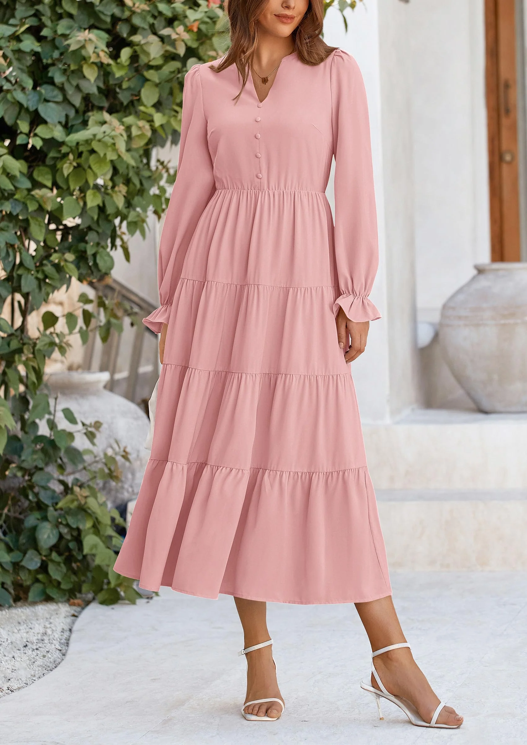 PRETTYGARDEN Women Fall Long Sleeve Smocked Maxi Dress Casual Square Neck Swiss Dot Tiered Ruffle Flowy Spring Pocket Dresses - Image 29