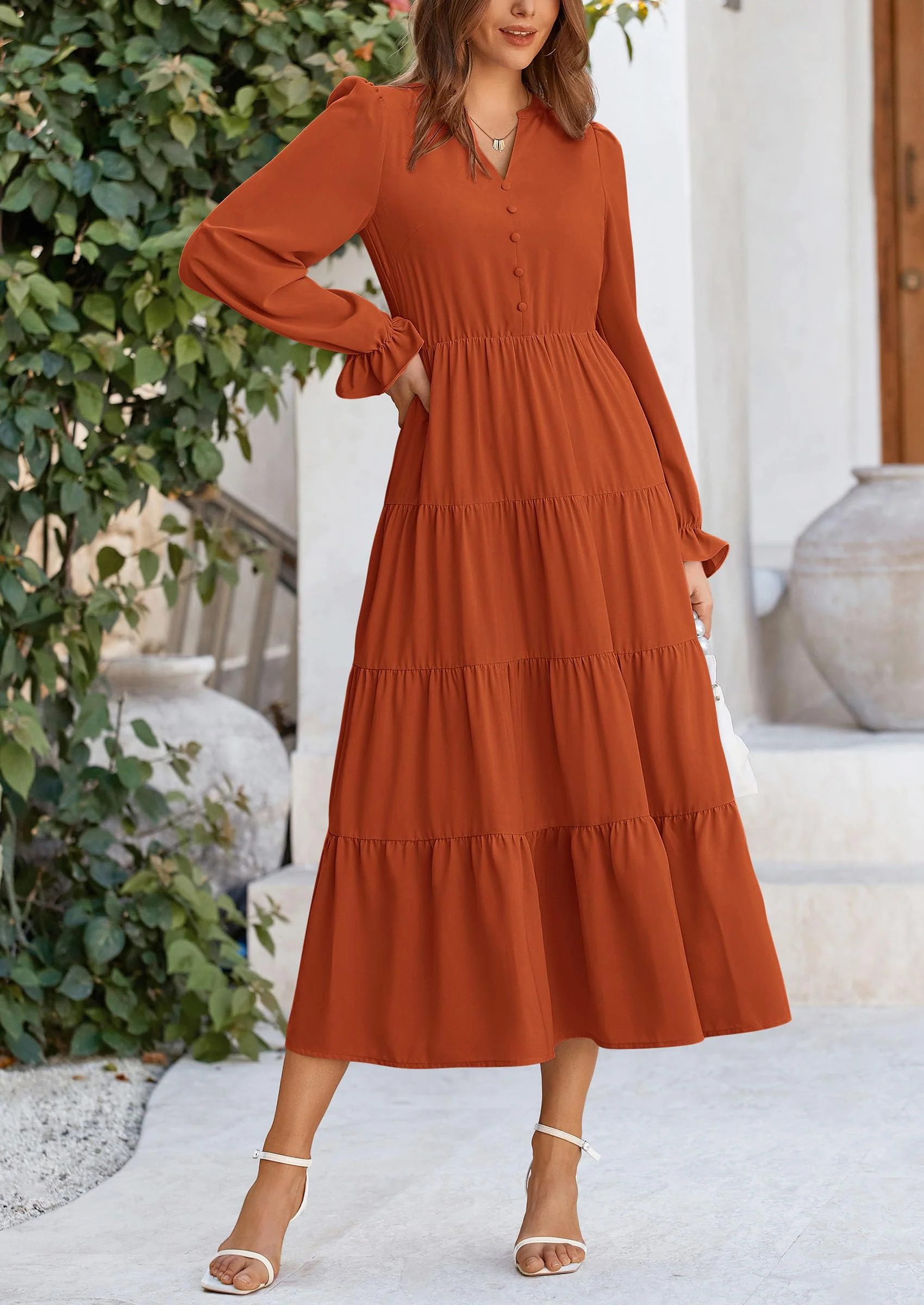 PRETTYGARDEN Women Fall Long Sleeve Smocked Maxi Dress Casual Square Neck Swiss Dot Tiered Ruffle Flowy Spring Pocket Dresses - Image 3