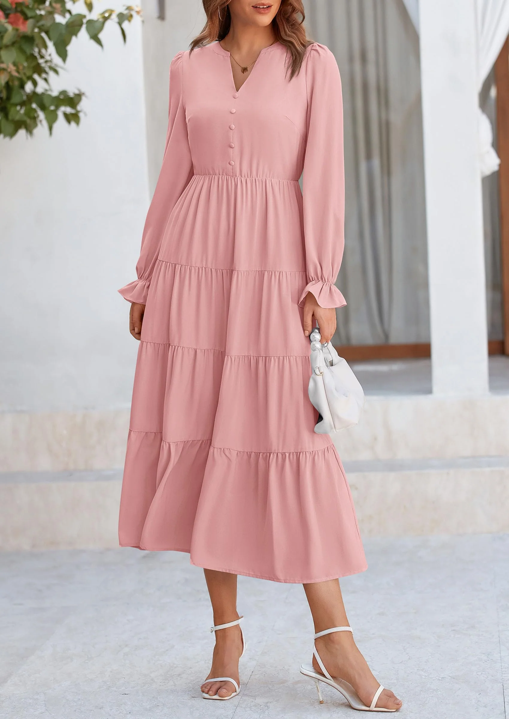 PRETTYGARDEN Women Fall Long Sleeve Smocked Maxi Dress Casual Square Neck Swiss Dot Tiered Ruffle Flowy Spring Pocket Dresses - Image 31