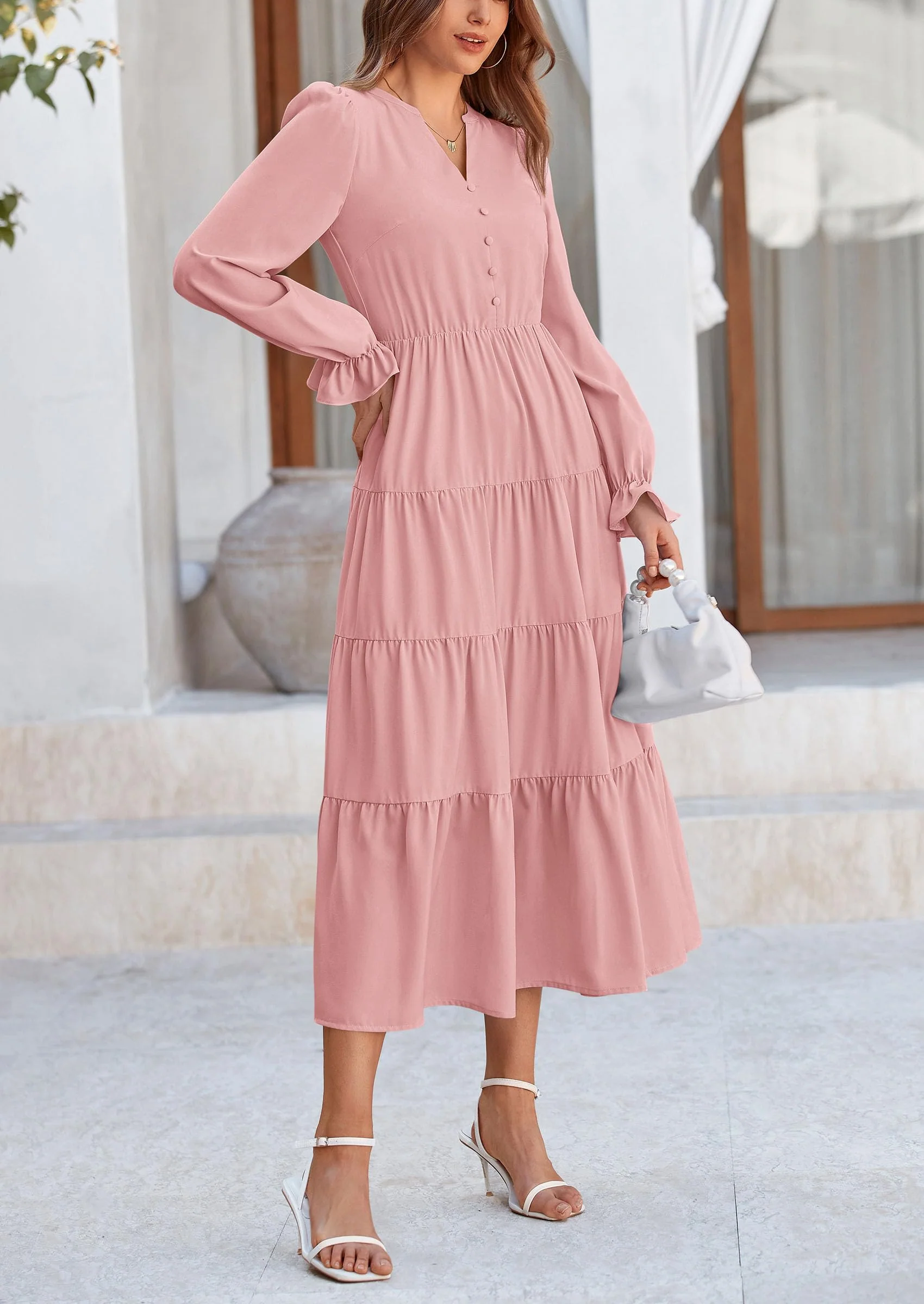 PRETTYGARDEN Women Fall Long Sleeve Smocked Maxi Dress Casual Square Neck Swiss Dot Tiered Ruffle Flowy Spring Pocket Dresses - Image 32