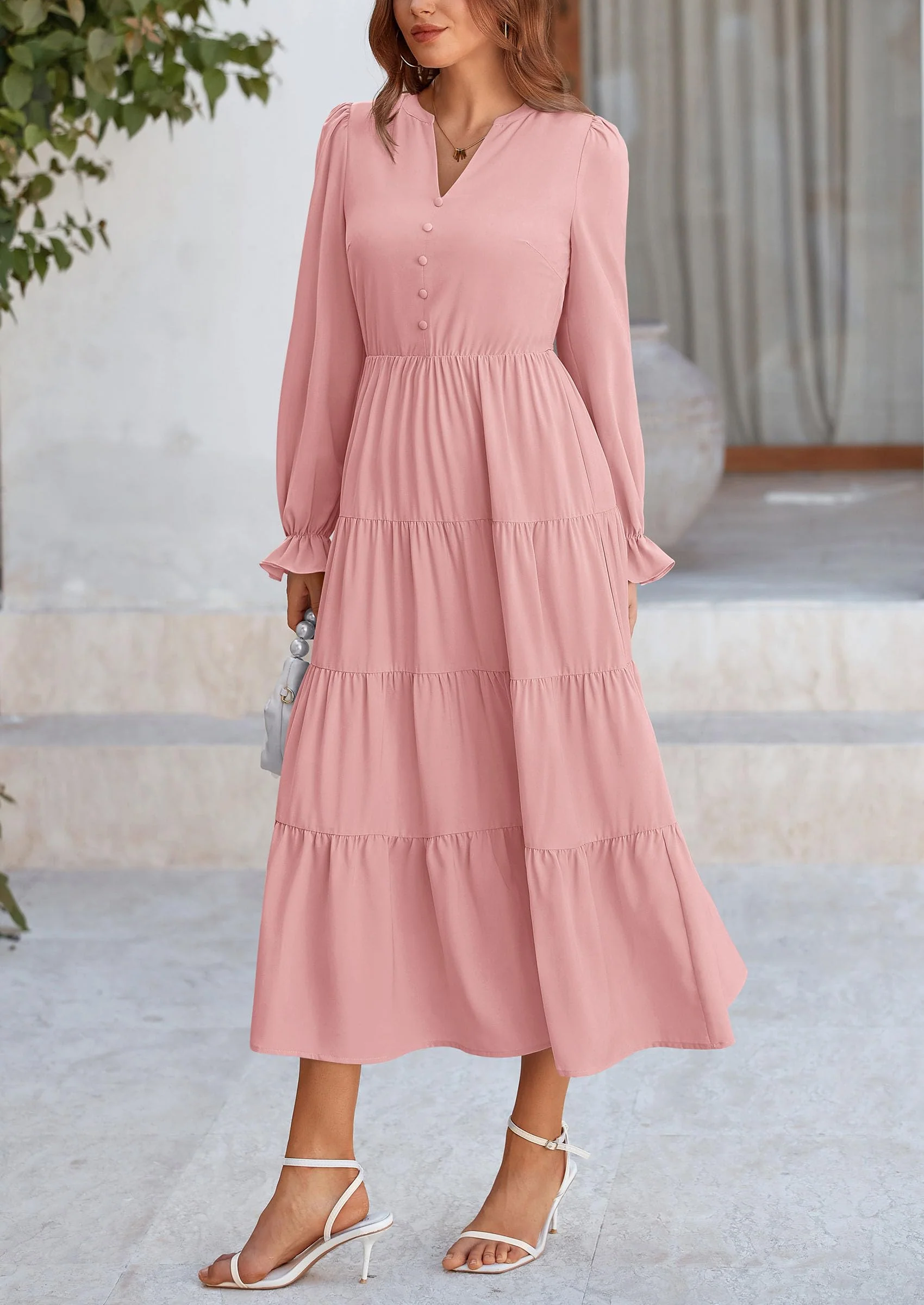 PRETTYGARDEN Women Fall Long Sleeve Smocked Maxi Dress Casual Square Neck Swiss Dot Tiered Ruffle Flowy Spring Pocket Dresses - Image 33
