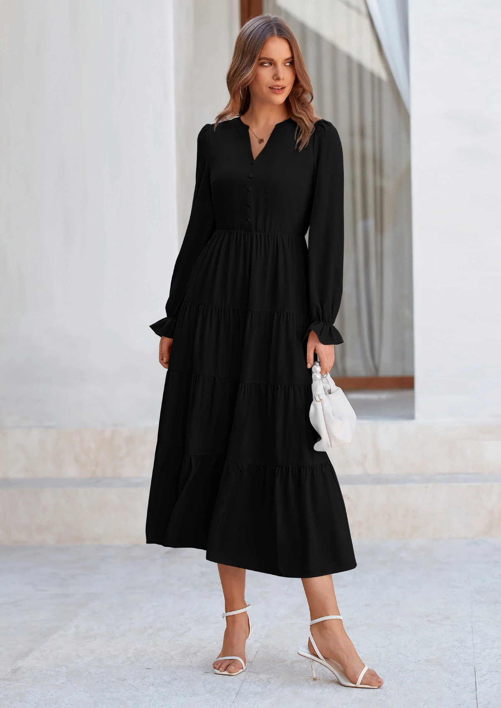 PRETTYGARDEN Women Fall Long Sleeve Smocked Maxi Dress Casual Square Neck Swiss Dot Tiered Ruffle Flowy Spring Pocket Dresses - Image 34