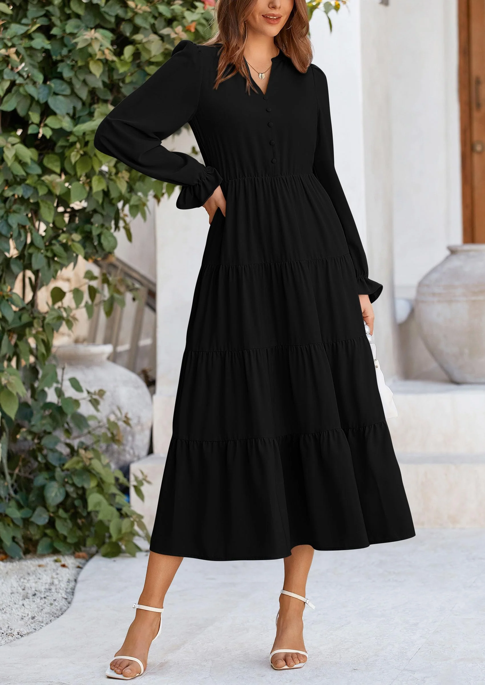 PRETTYGARDEN Women Fall Long Sleeve Smocked Maxi Dress Casual Square Neck Swiss Dot Tiered Ruffle Flowy Spring Pocket Dresses - Image 36