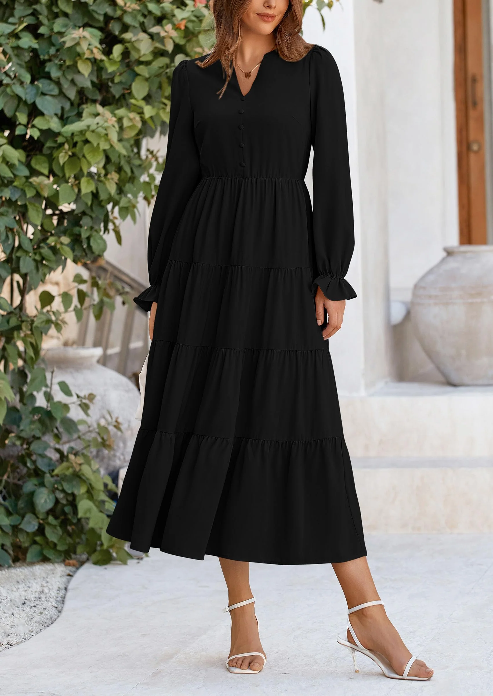 PRETTYGARDEN Women Fall Long Sleeve Smocked Maxi Dress Casual Square Neck Swiss Dot Tiered Ruffle Flowy Spring Pocket Dresses - Image 37