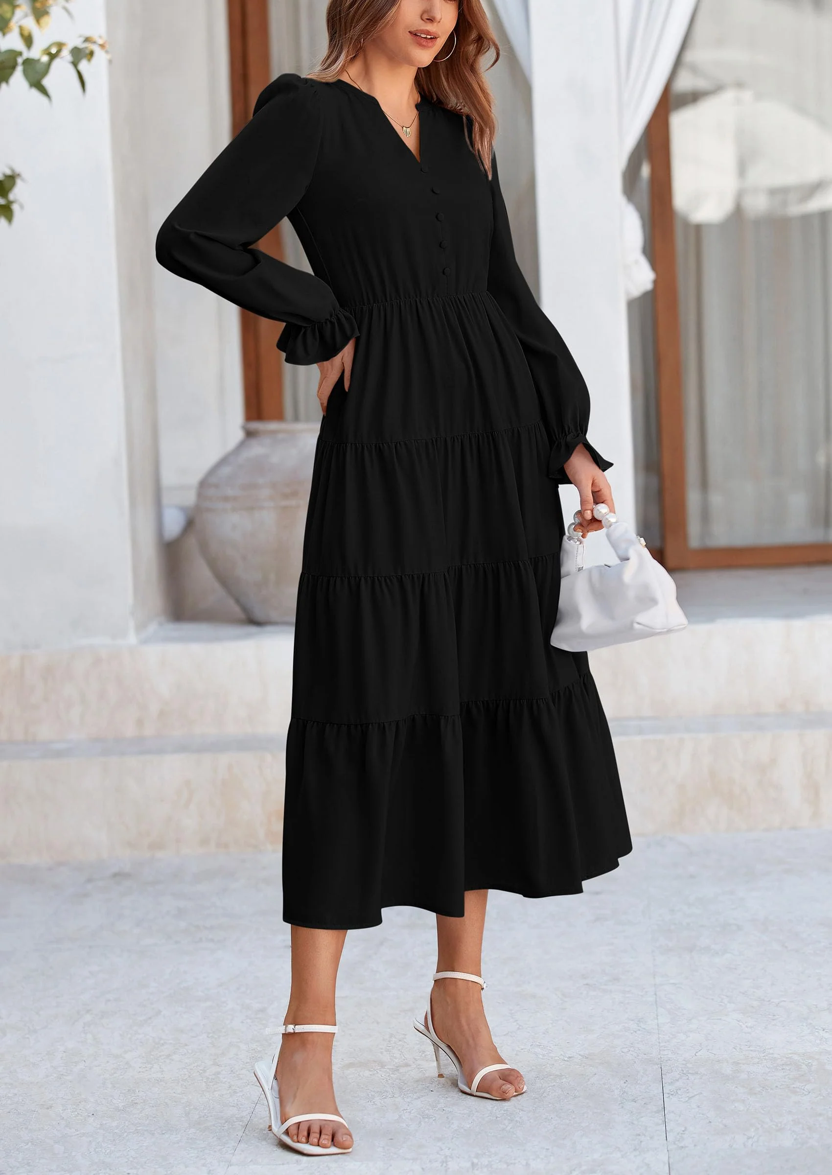 PRETTYGARDEN Women Fall Long Sleeve Smocked Maxi Dress Casual Square Neck Swiss Dot Tiered Ruffle Flowy Spring Pocket Dresses - Image 39