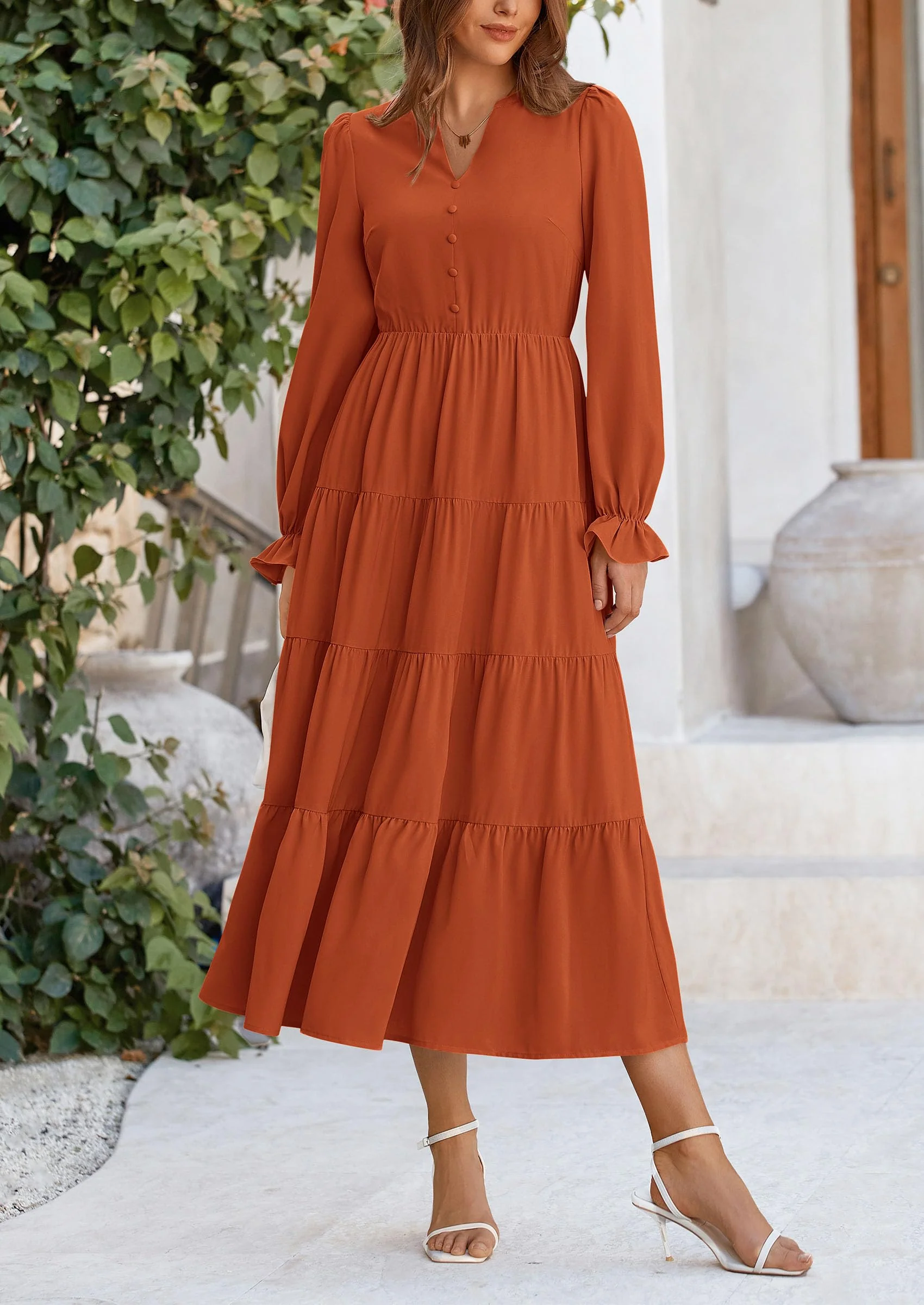 PRETTYGARDEN Women Fall Long Sleeve Smocked Maxi Dress Casual Square Neck Swiss Dot Tiered Ruffle Flowy Spring Pocket Dresses - Image 4