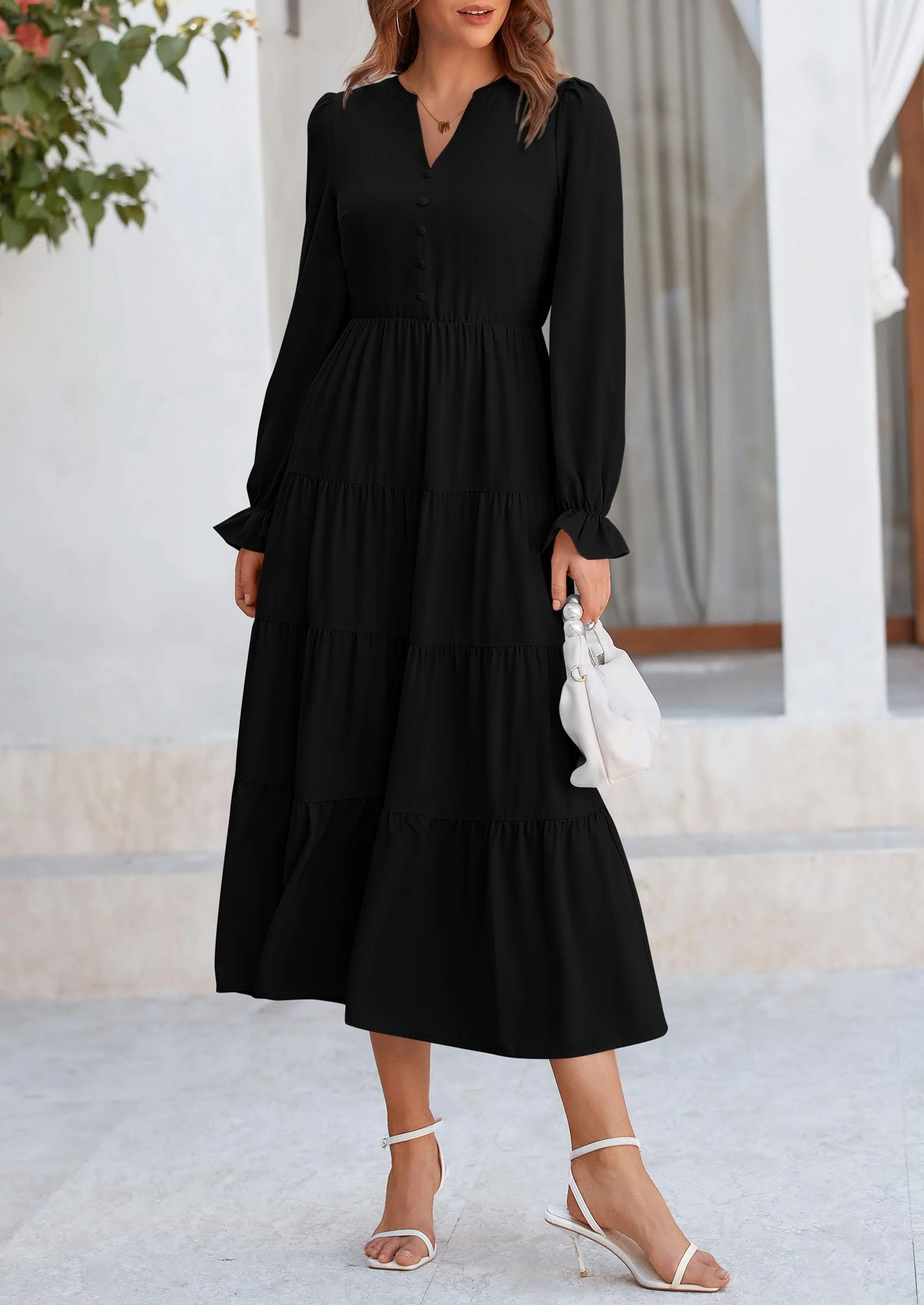 PRETTYGARDEN Women Fall Long Sleeve Smocked Maxi Dress Casual Square Neck Swiss Dot Tiered Ruffle Flowy Spring Pocket Dresses - Image 40