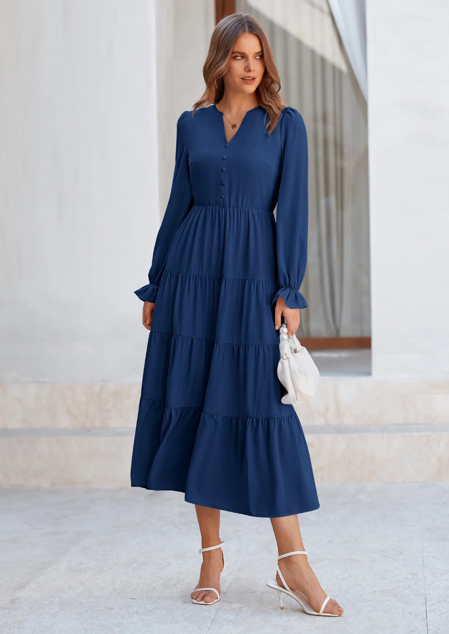 PRETTYGARDEN Women Fall Long Sleeve Smocked Maxi Dress Casual Square Neck Swiss Dot Tiered Ruffle Flowy Spring Pocket Dresses - Image 42