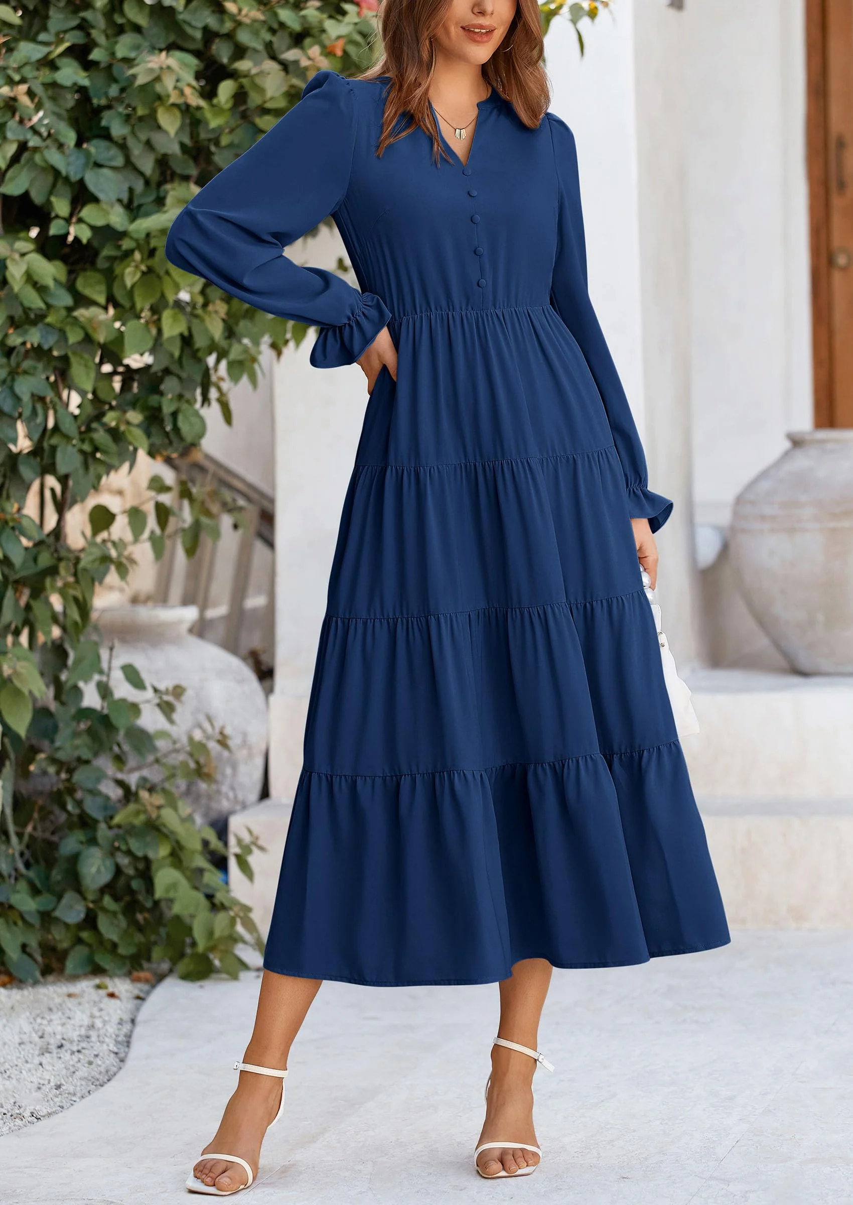 PRETTYGARDEN Women Fall Long Sleeve Smocked Maxi Dress Casual Square Neck Swiss Dot Tiered Ruffle Flowy Spring Pocket Dresses - Image 44