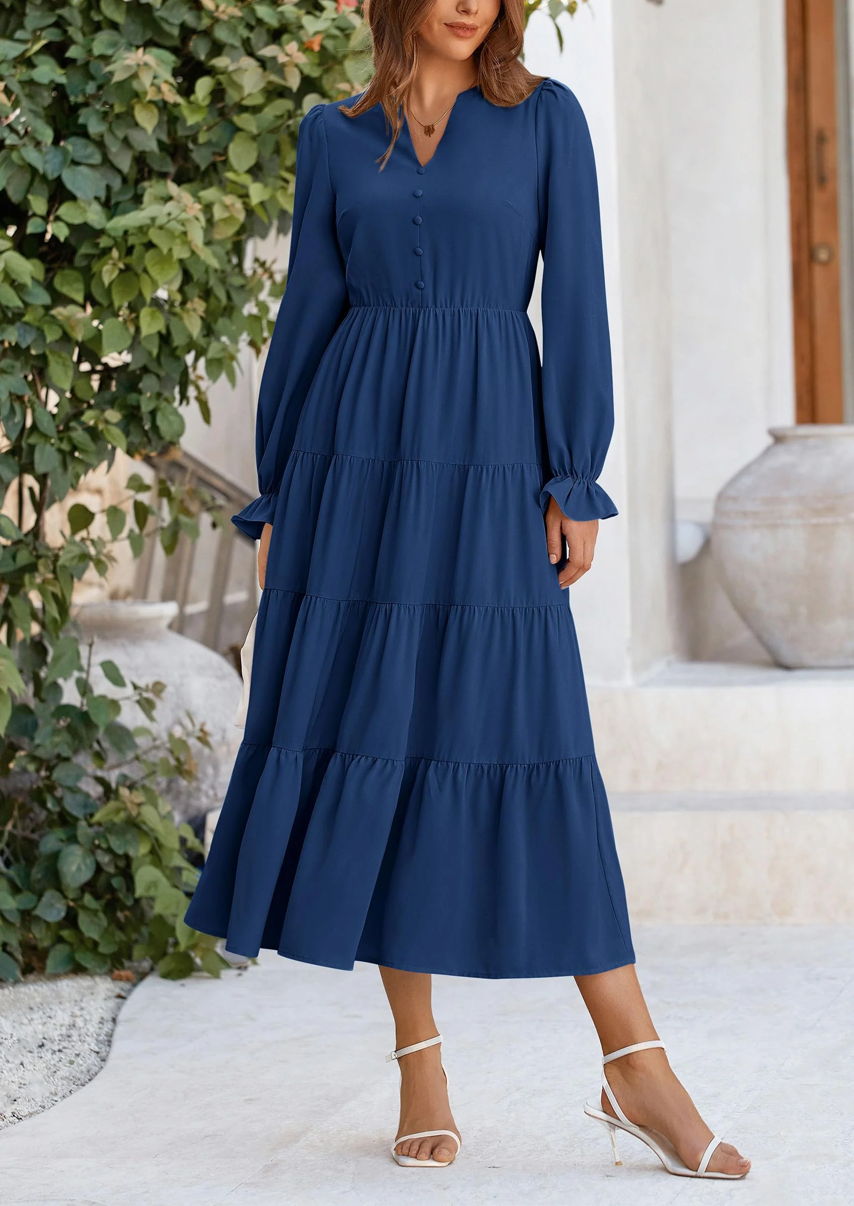 PRETTYGARDEN Women Fall Long Sleeve Smocked Maxi Dress Casual Square Neck Swiss Dot Tiered Ruffle Flowy Spring Pocket Dresses - Image 45