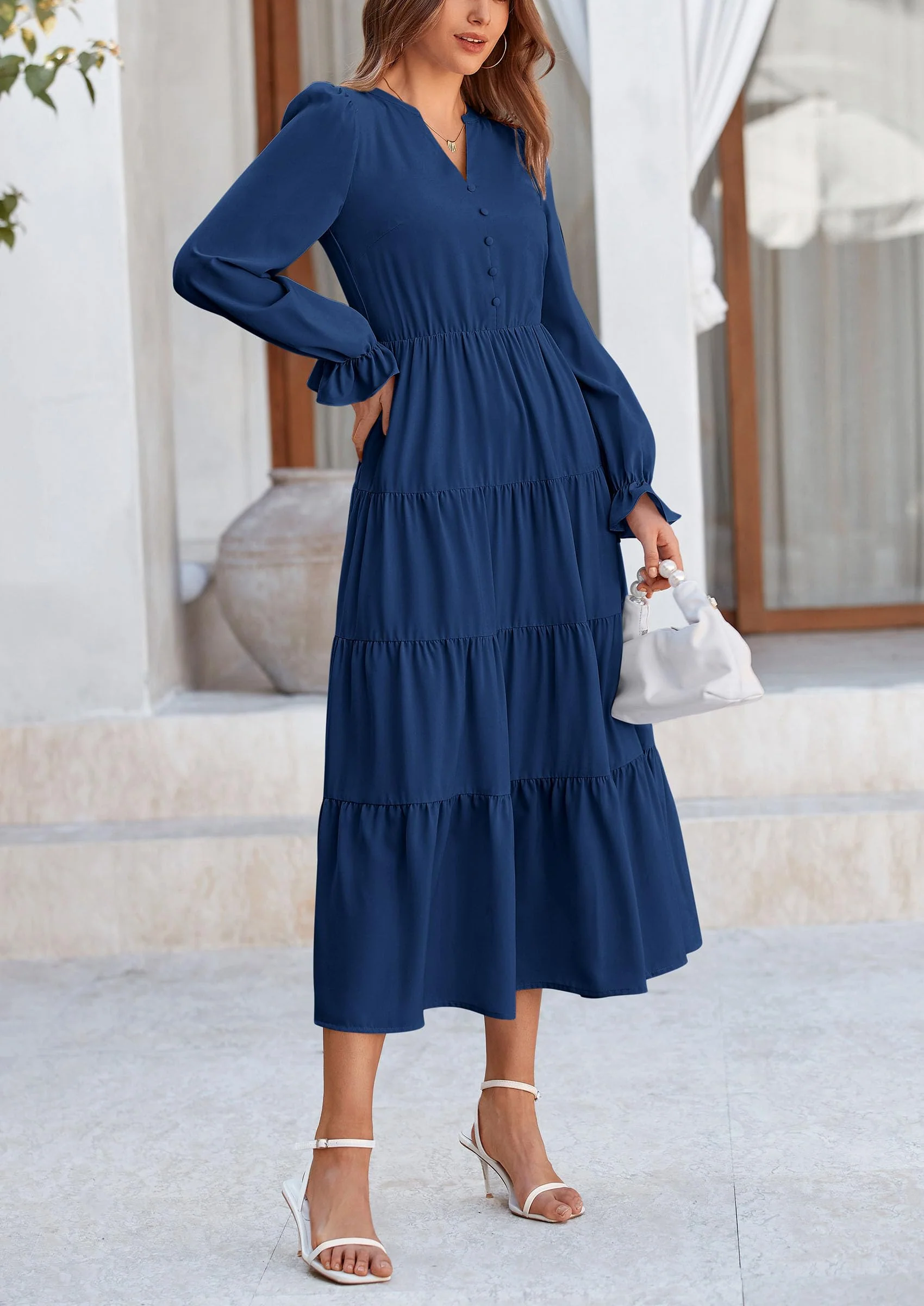 PRETTYGARDEN Women Fall Long Sleeve Smocked Maxi Dress Casual Square Neck Swiss Dot Tiered Ruffle Flowy Spring Pocket Dresses - Image 48