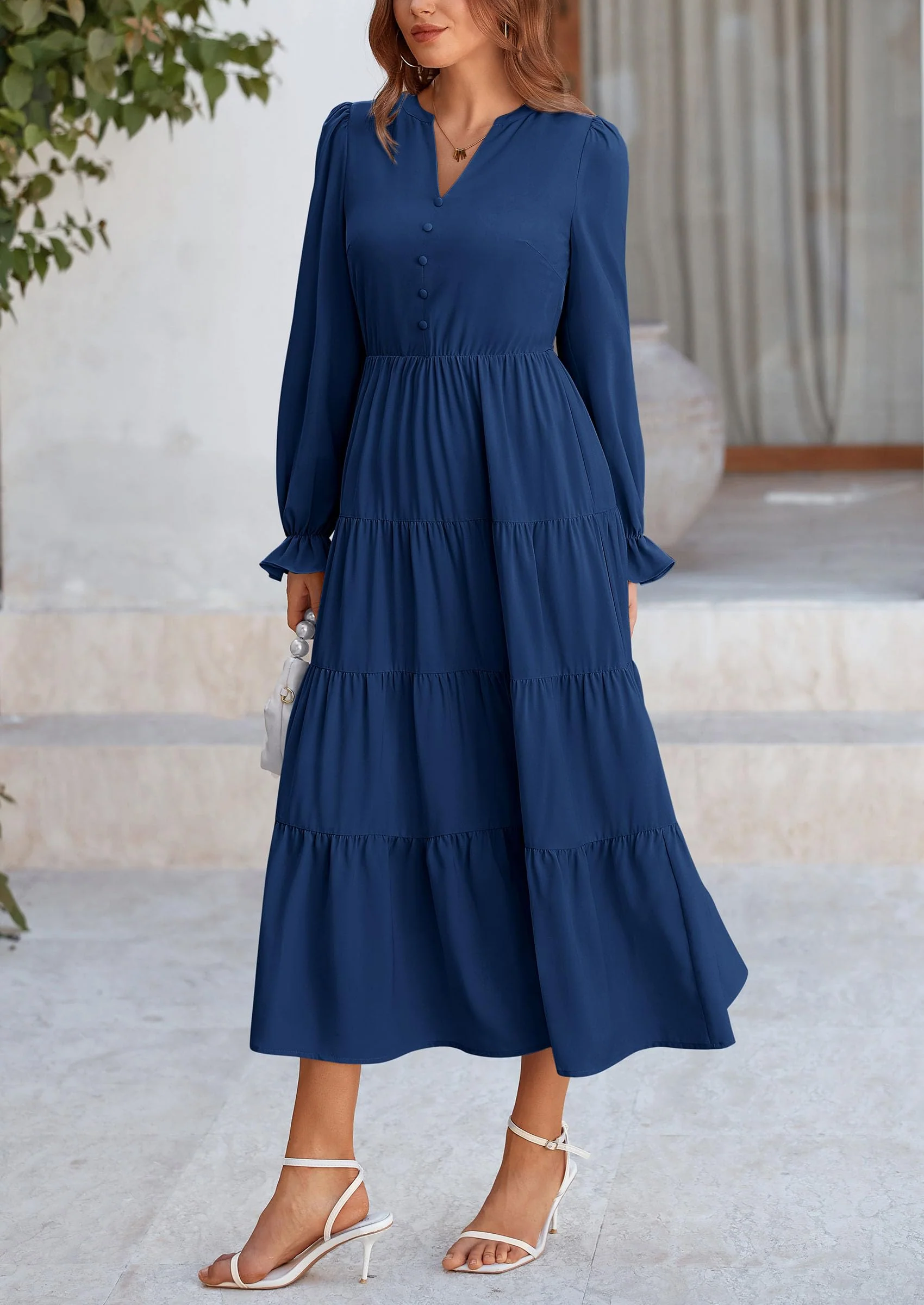 PRETTYGARDEN Women Fall Long Sleeve Smocked Maxi Dress Casual Square Neck Swiss Dot Tiered Ruffle Flowy Spring Pocket Dresses - Image 49
