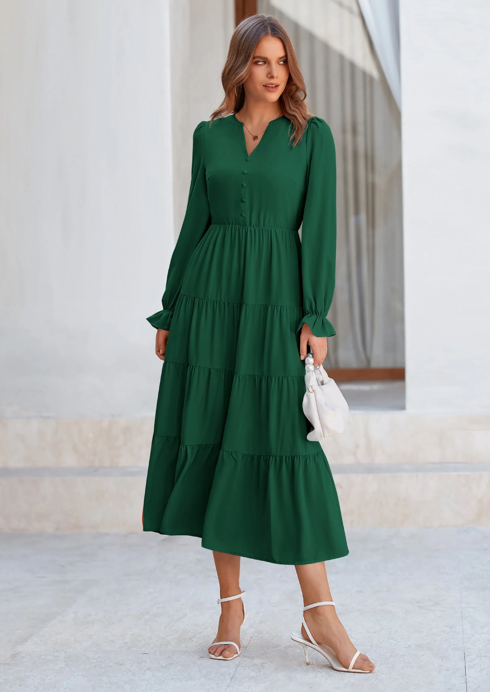 PRETTYGARDEN Women Fall Long Sleeve Smocked Maxi Dress Casual Square Neck Swiss Dot Tiered Ruffle Flowy Spring Pocket Dresses - Image 50