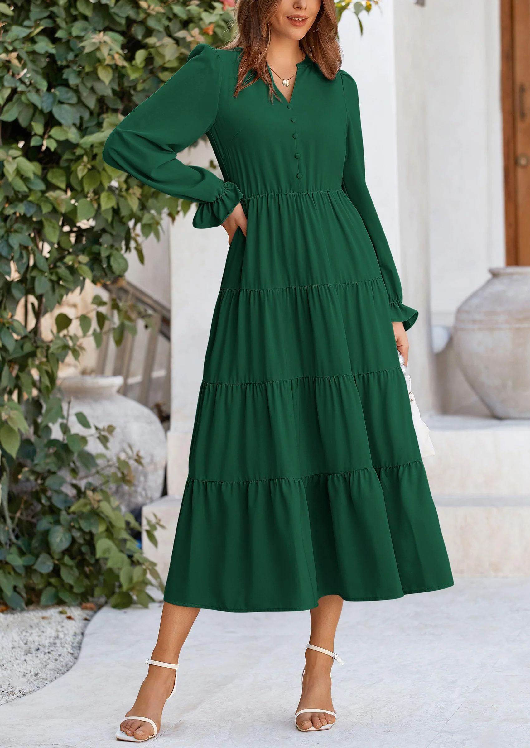 PRETTYGARDEN Women Fall Long Sleeve Smocked Maxi Dress Casual Square Neck Swiss Dot Tiered Ruffle Flowy Spring Pocket Dresses - Image 52