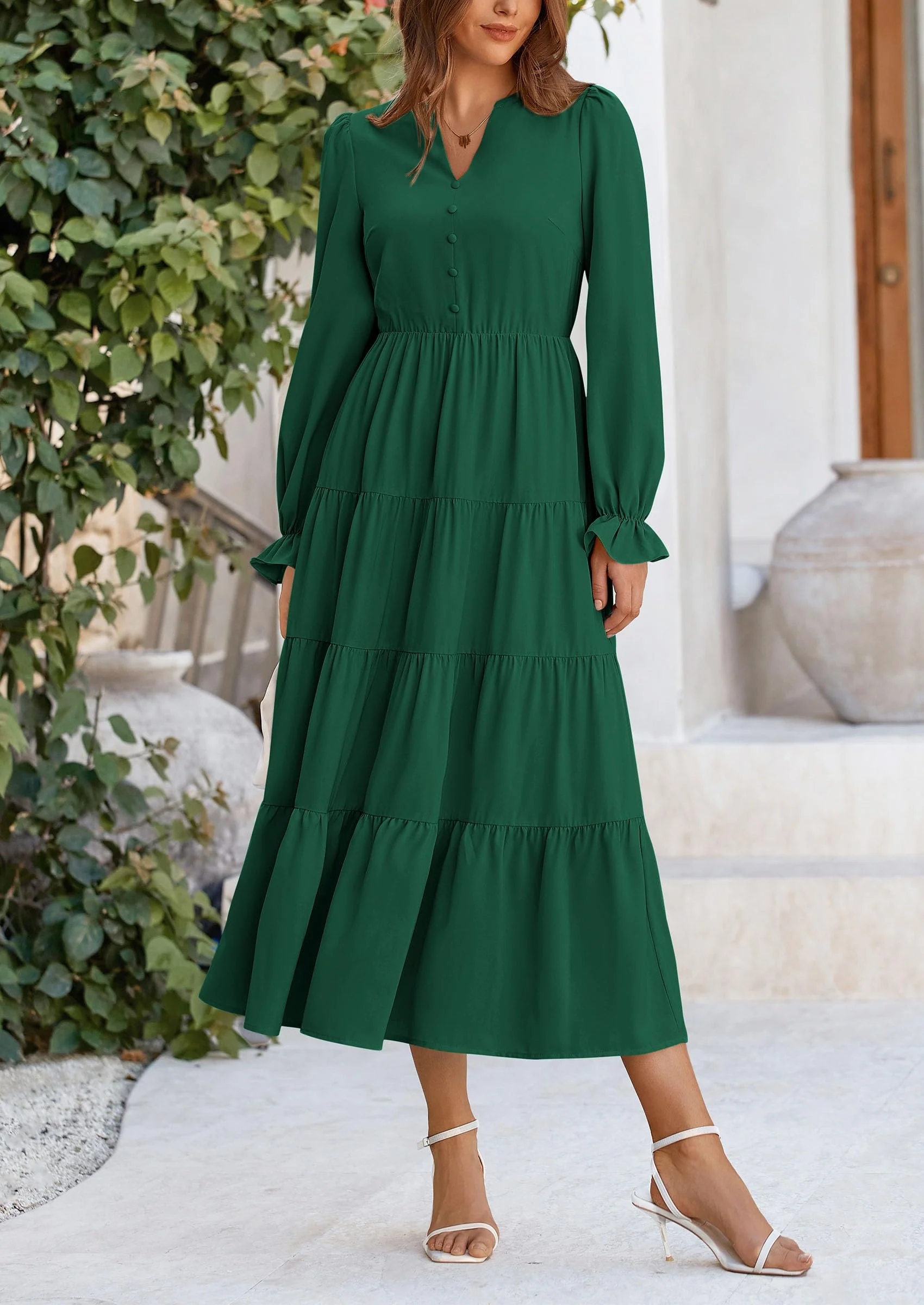 PRETTYGARDEN Women Fall Long Sleeve Smocked Maxi Dress Casual Square Neck Swiss Dot Tiered Ruffle Flowy Spring Pocket Dresses - Image 53