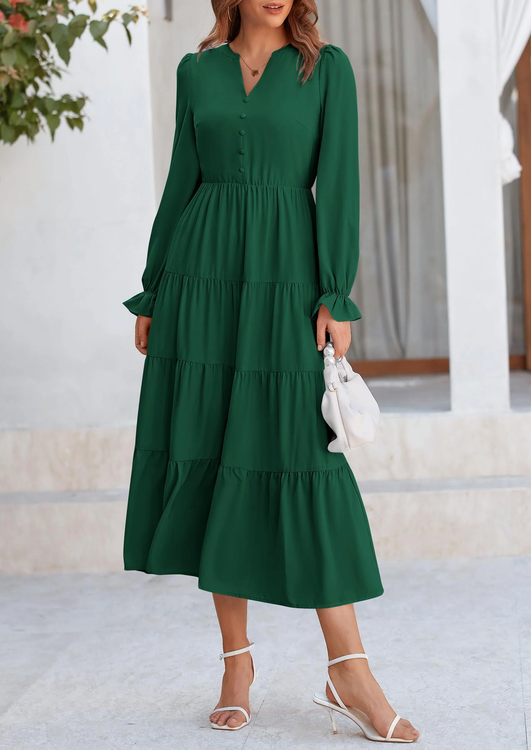 PRETTYGARDEN Women Fall Long Sleeve Smocked Maxi Dress Casual Square Neck Swiss Dot Tiered Ruffle Flowy Spring Pocket Dresses - Image 55