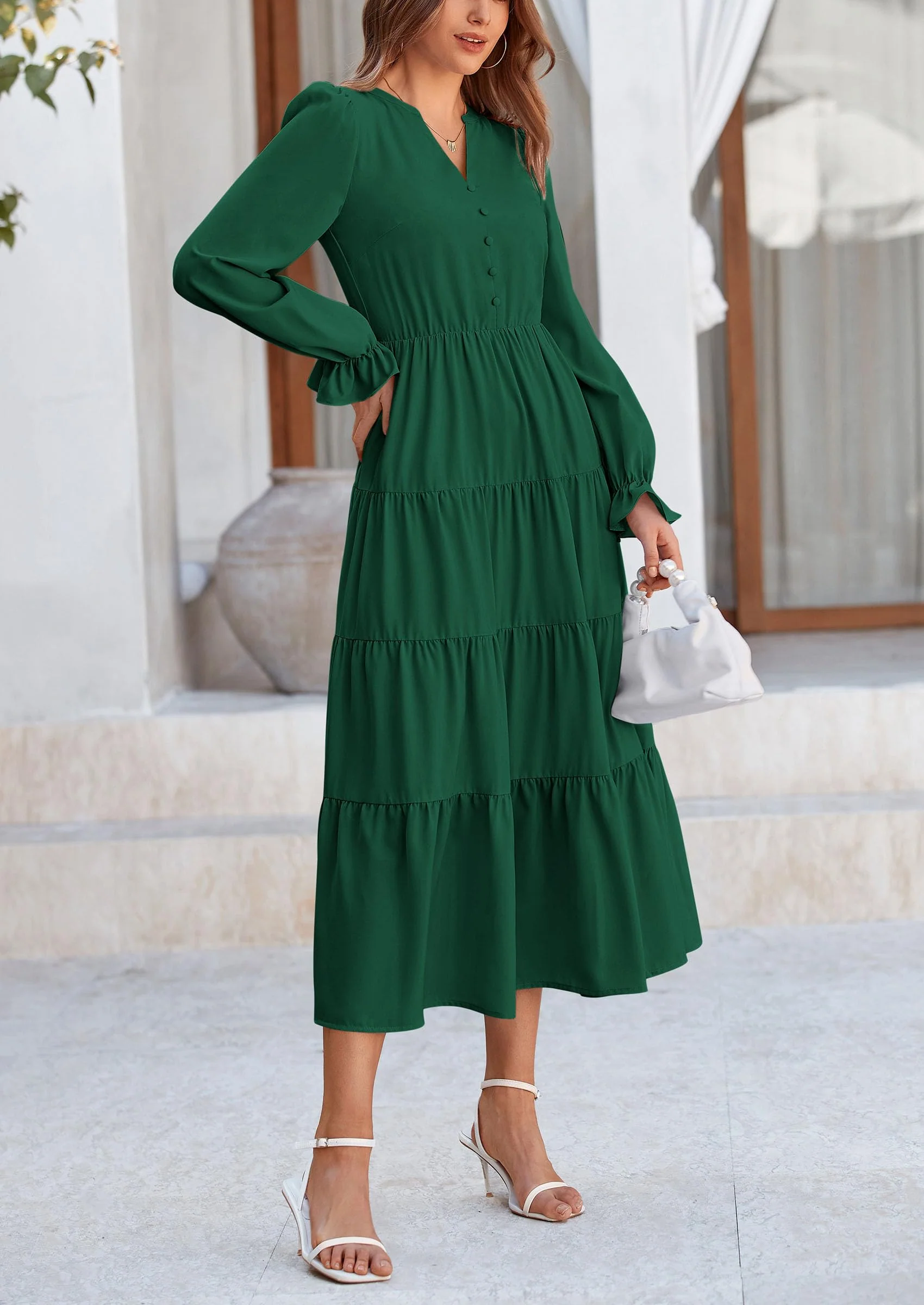 PRETTYGARDEN Women Fall Long Sleeve Smocked Maxi Dress Casual Square Neck Swiss Dot Tiered Ruffle Flowy Spring Pocket Dresses - Image 56