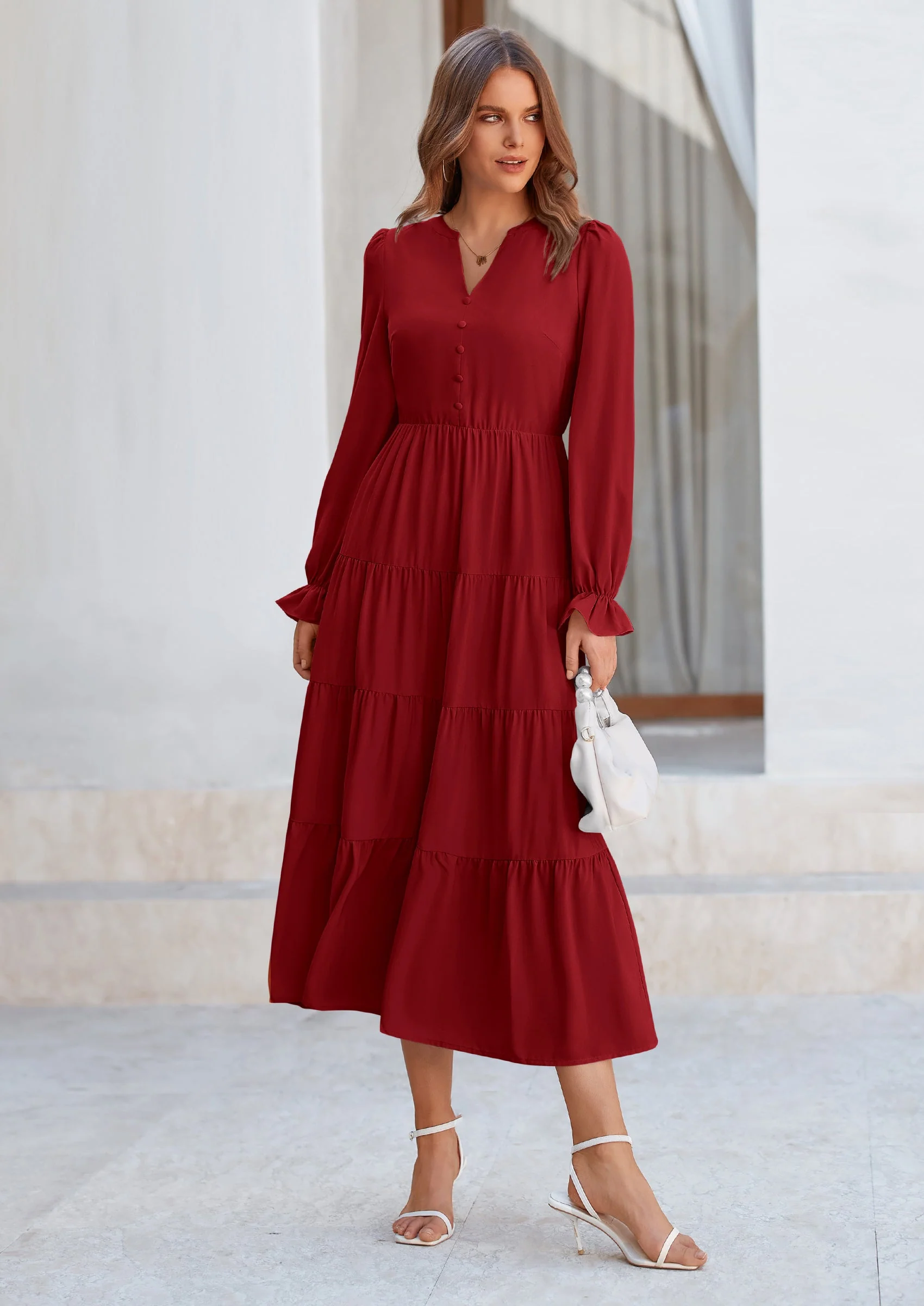 PRETTYGARDEN Women Fall Long Sleeve Smocked Maxi Dress Casual Square Neck Swiss Dot Tiered Ruffle Flowy Spring Pocket Dresses - Image 58