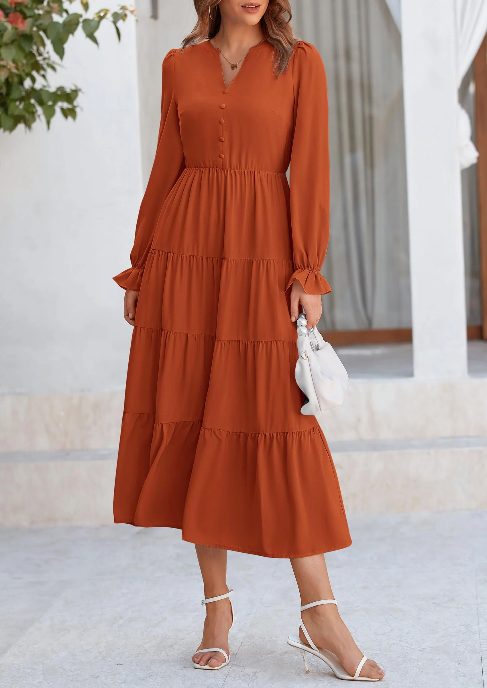 PRETTYGARDEN Women Fall Long Sleeve Smocked Maxi Dress Casual Square Neck Swiss Dot Tiered Ruffle Flowy Spring Pocket Dresses - Image 6