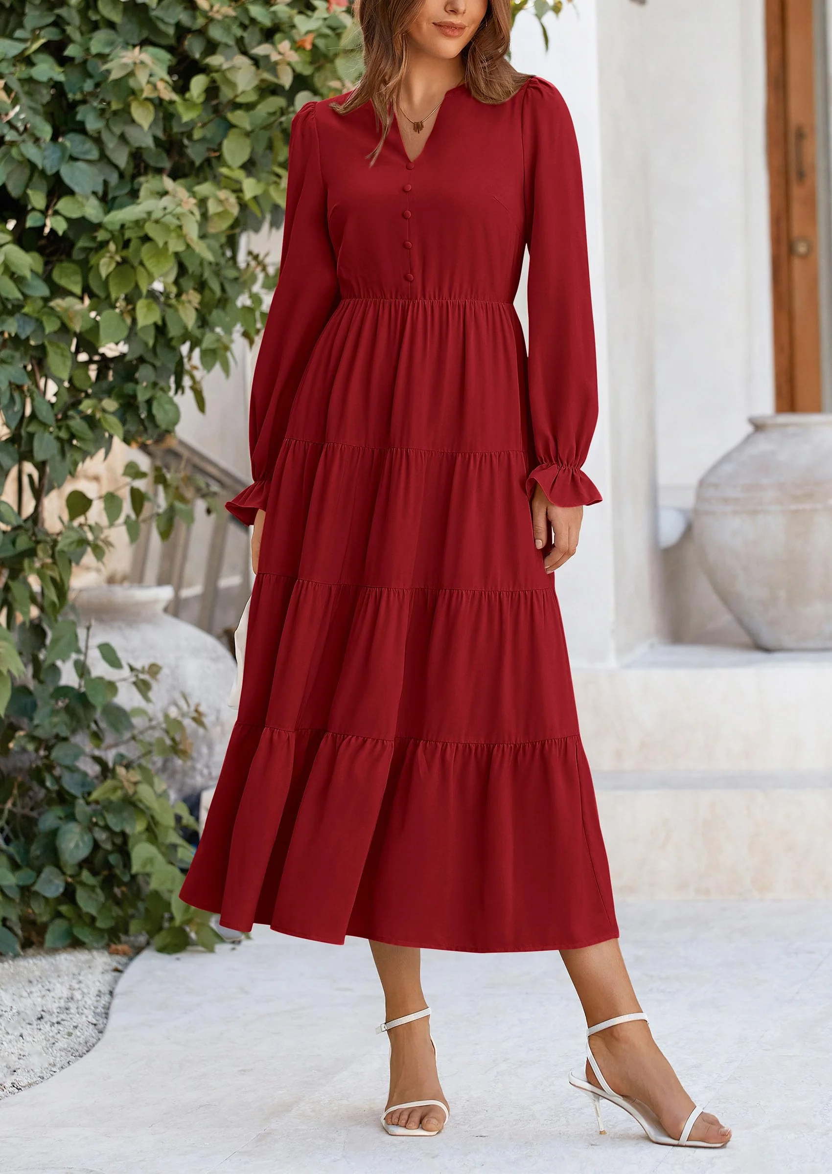 PRETTYGARDEN Women Fall Long Sleeve Smocked Maxi Dress Casual Square Neck Swiss Dot Tiered Ruffle Flowy Spring Pocket Dresses - Image 60